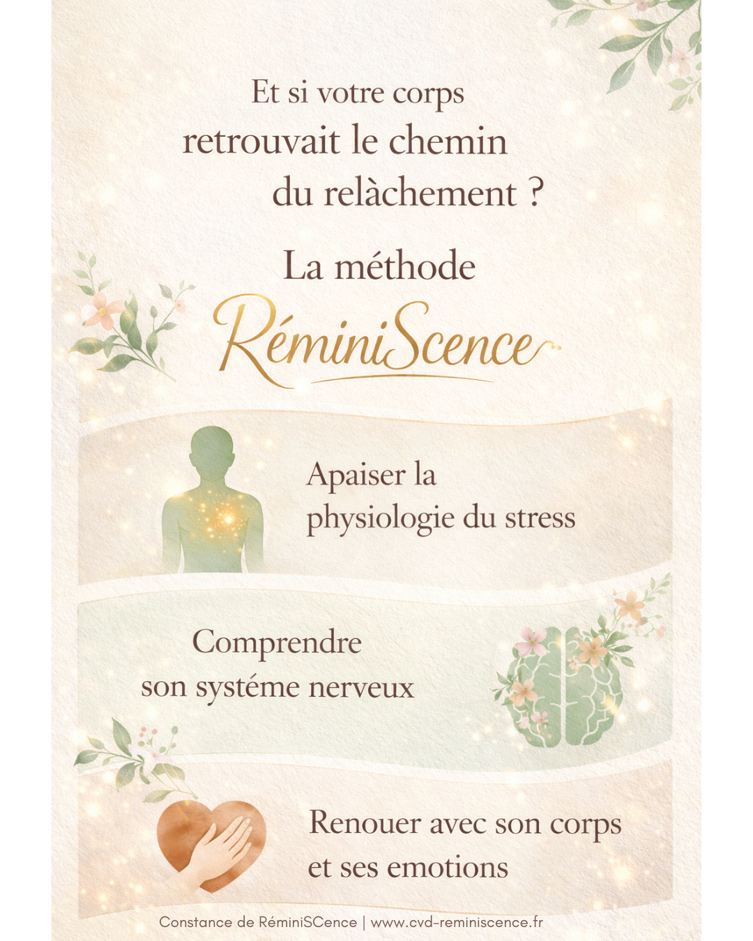 Et si votre corps retrouvait le chemin du relâchement ? Illustration de la méthode RéminiSCence pour aider le corps à se détendre, avec régulation du système nerveux, compréhension du stress et reconnexion au corps © Constance van Dongen – RéminiSCence