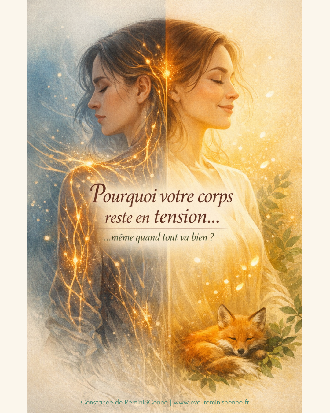 Pourquoi votre corps reste en tension… même quand tout va bien ? Illustration du corps en tension et en détente, montrant le système nerveux actif et apaisé, expliquant pourquoi le corps reste tendu même sans stress apparent © Constance van Dongen – RéminiSCence
