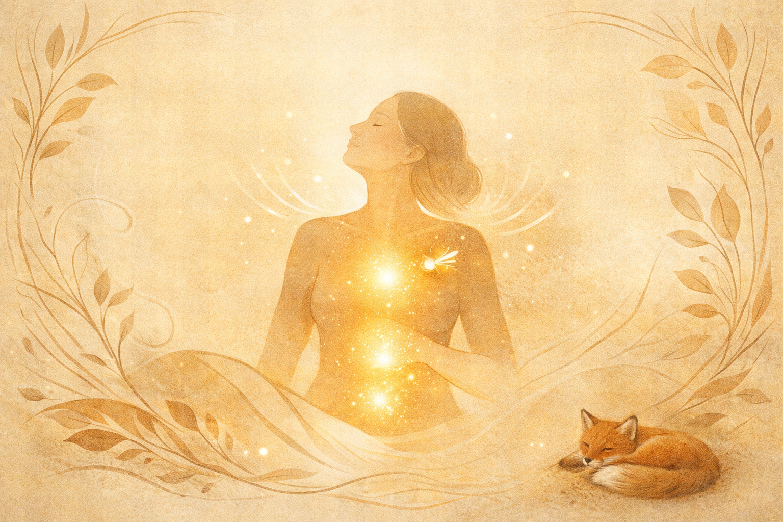 Illustration du corps en état de détente avec lumière interne au niveau du cœur, de la gorge et du ventre, symbolisant la régulation du système nerveux – RéminiSCence