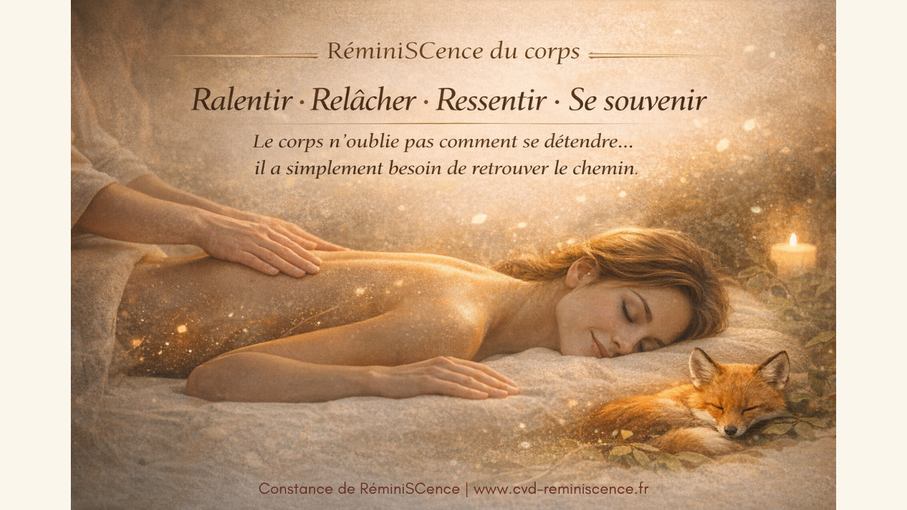 RéminiSCence du corps : quand le corps retrouve le chemin de la détente Massage relaxant RéminiSCence du corps, femme détendue recevant un soin avec ambiance douce, symbolisant la régulation du système nerveux et le relâchement des tensions corporelles © Constance van Dongen – RéminiSCence