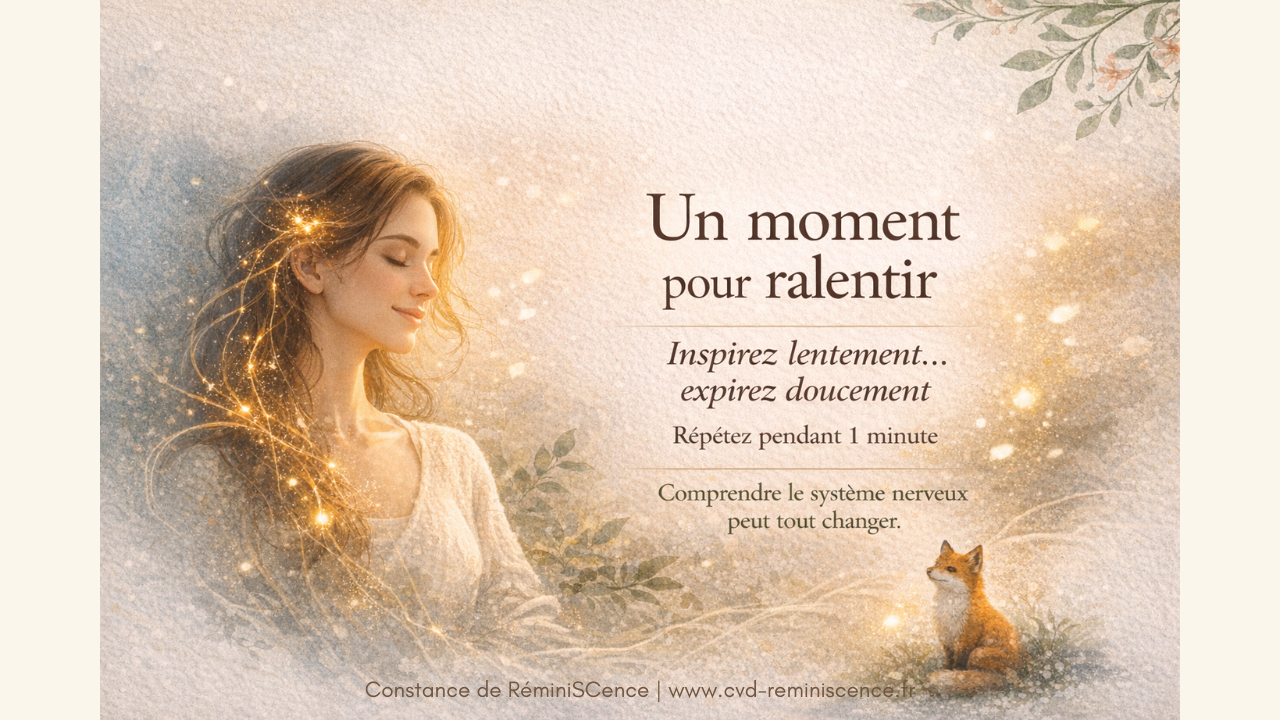 Un moment pour ralentir : exercice de respiration pour apaiser le système nerveux Exercice de respiration pour ralentir le système nerveux et apaiser le stress, visualisation douce avec femme en détente et lumière apaisante