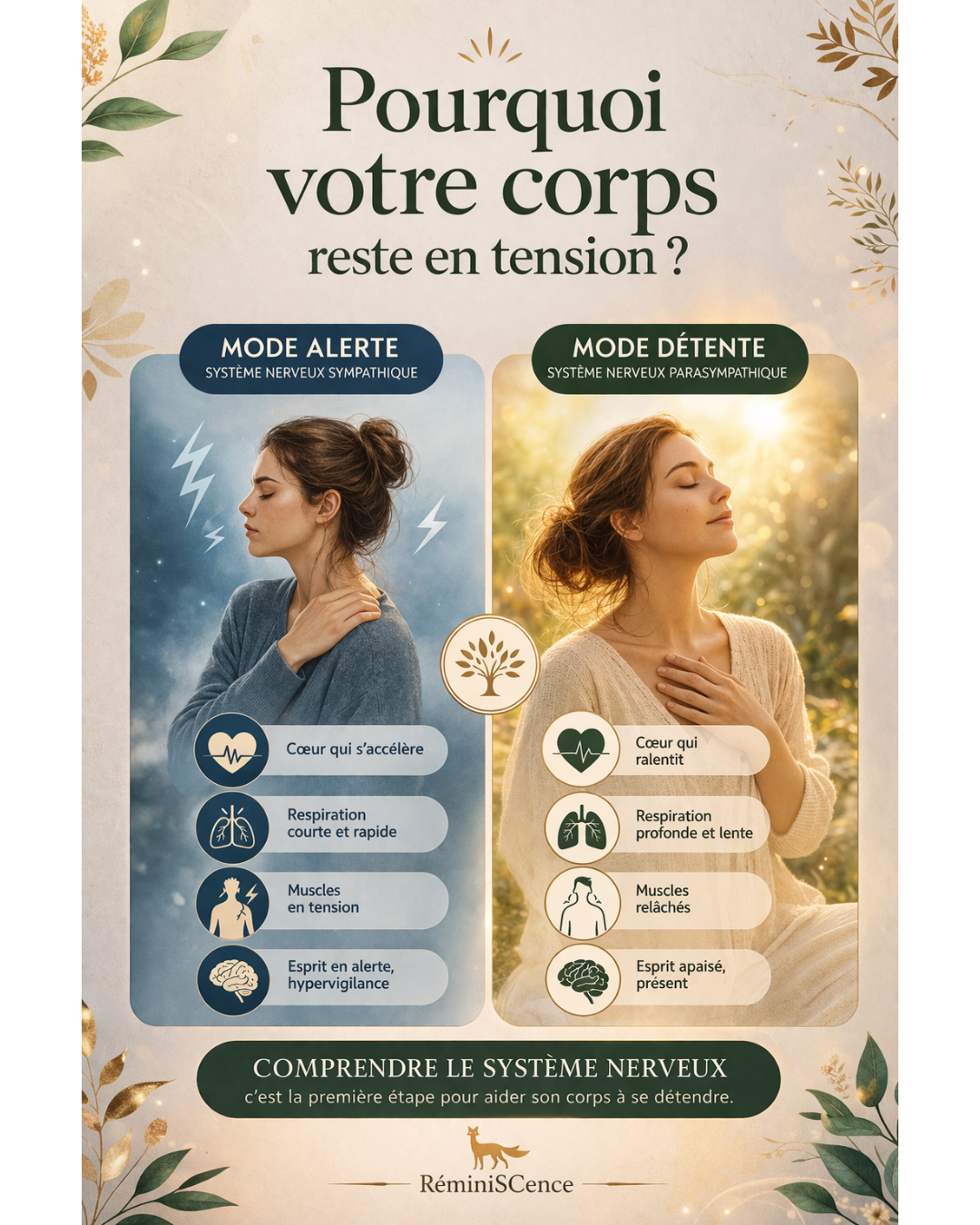 Pourquoi votre corps reste en tension ? (explication du système nerveux) Infographie expliquant la différence entre système nerveux sympathique (mode alerte) et parasympathique (mode détente), avec effets sur le corps et la respiration © Constance van Dongen – RéminiSCence