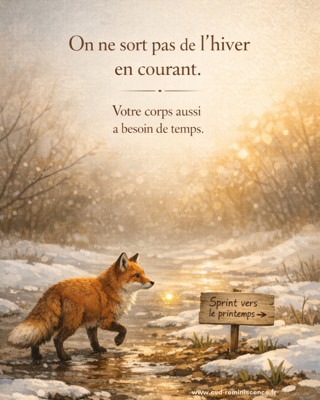 llustration d’un renard marchant dans un paysage enneigé au lever du soleil avec un panneau “Sprint vers le printemps”. Le texte indique : “On ne sort pas de l’hiver en courant. Votre corps aussi a besoin de temps.” Image symbolique sur la transition hiver-printemps, le changement de saison et le respect du rythme du corps. © Constance van Dongen – RéminiSCence, Dourges.