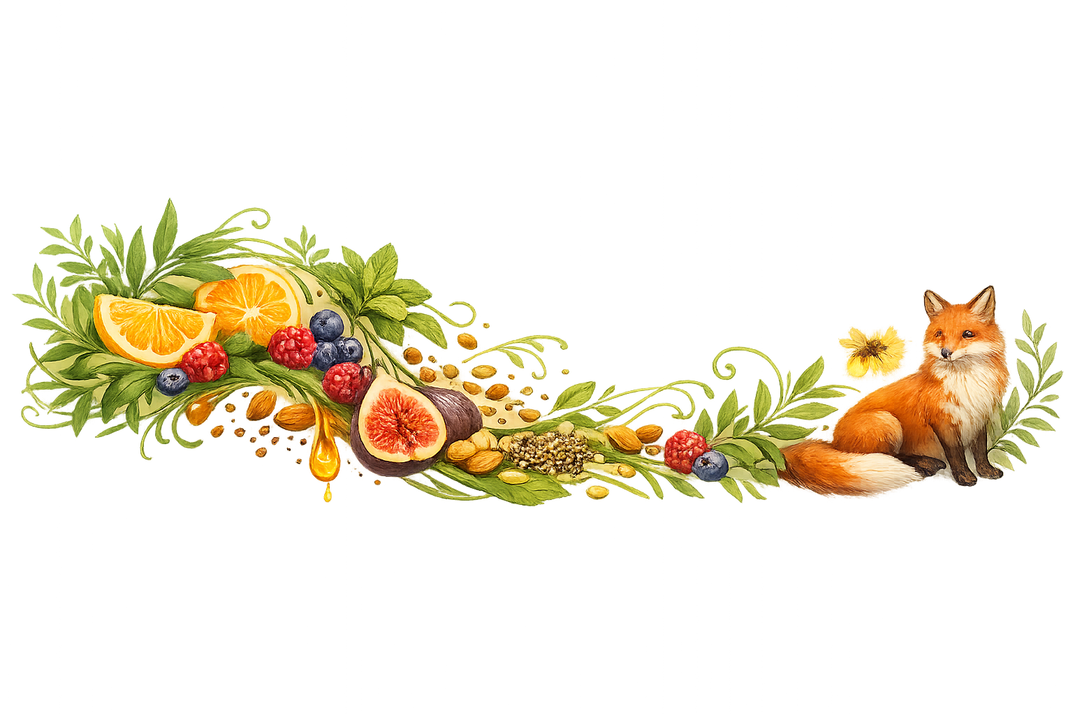 Bandeau végétal et alimentaire en style Art déco représentant le lien entre alimentation, peau et système nerveux dans l’univers RéminiSCence