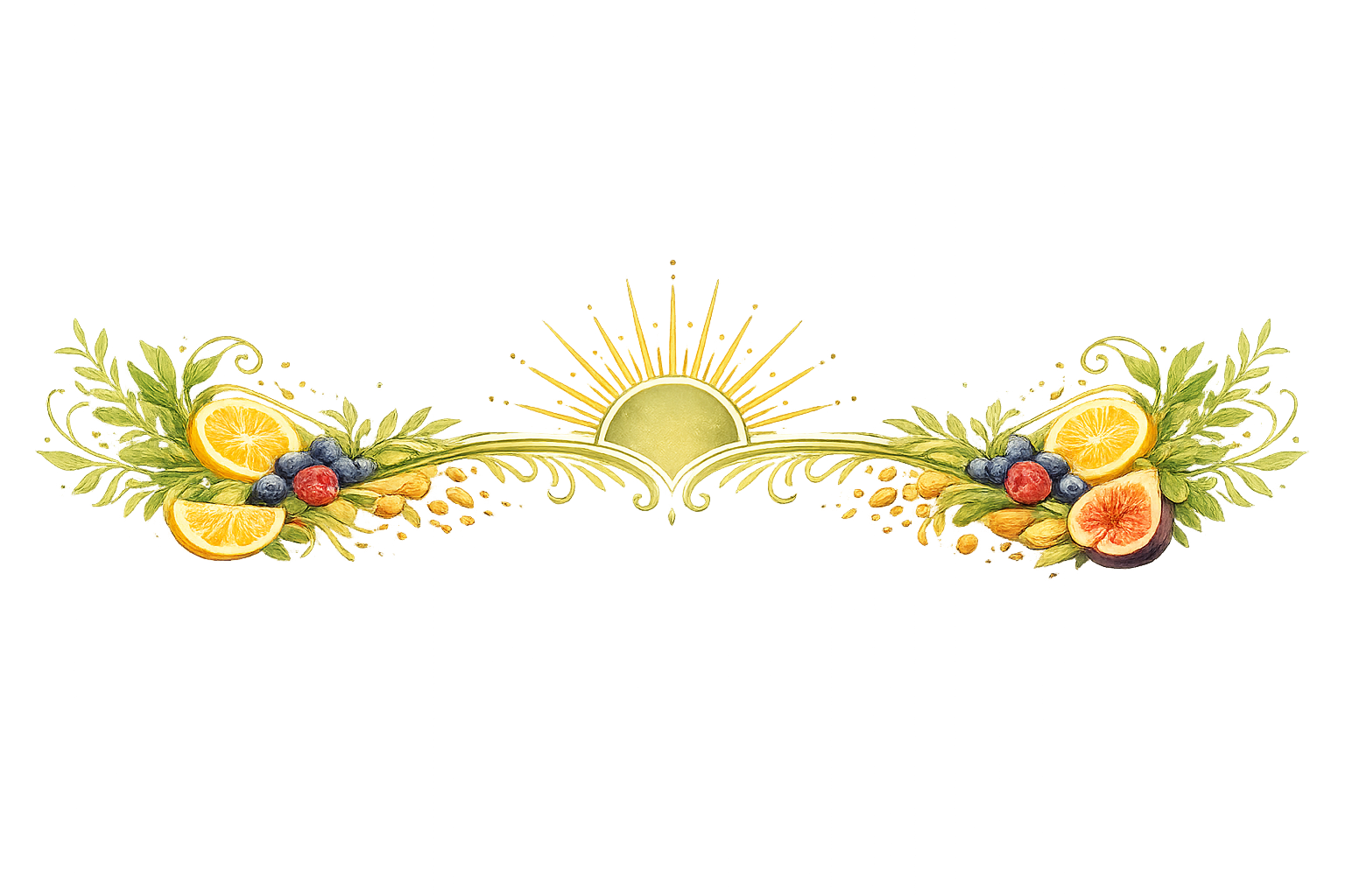 Bandeau végétal et alimentaire en style Art déco représentant le lien entre alimentation, peau et système nerveux dans l’univers RéminiSCence