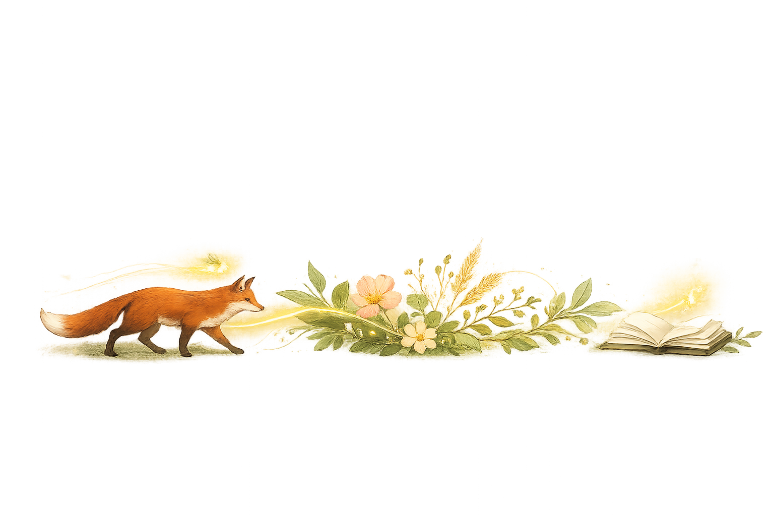 Bandeau illustré RéminiSCence avec renard en mouvement guidé par une luciole, entouré d’éléments végétaux (plantes, fleurs, graines) et d’un livre ouvert symbolisant la compréhension du corps et la régulation du système nerveux