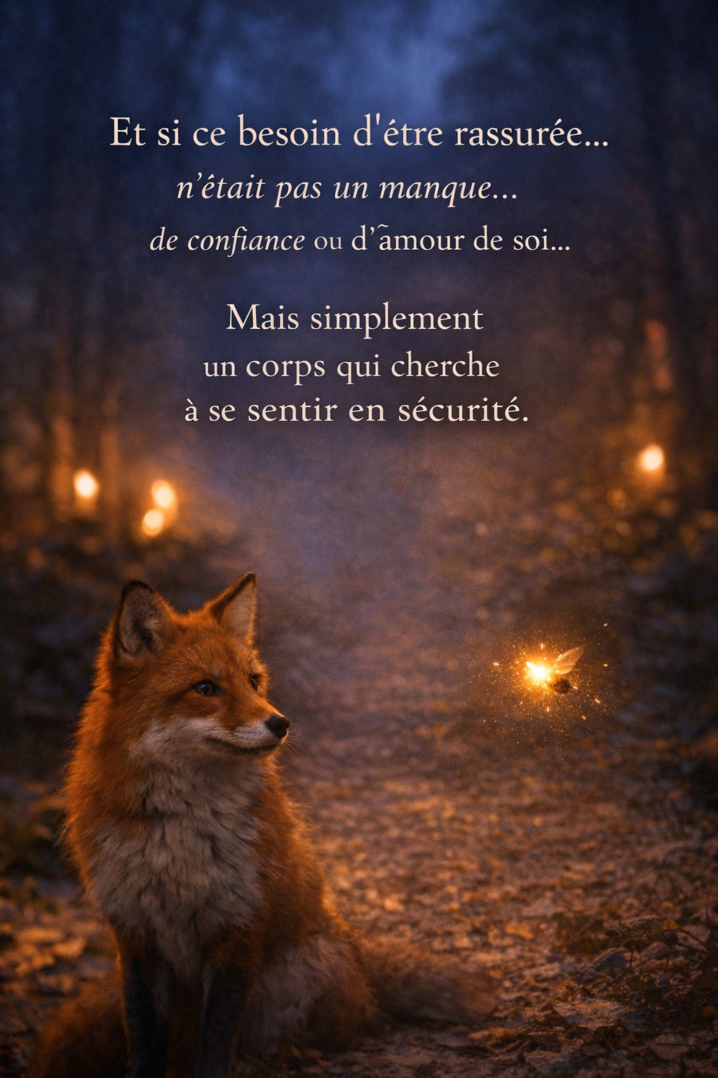 Affirmation sur le besoin d’être rassurée lié à la recherche de sécurité intérieure, avec un renard et une luciole symbolisant la régulation du système nerveux – RéminiSCence