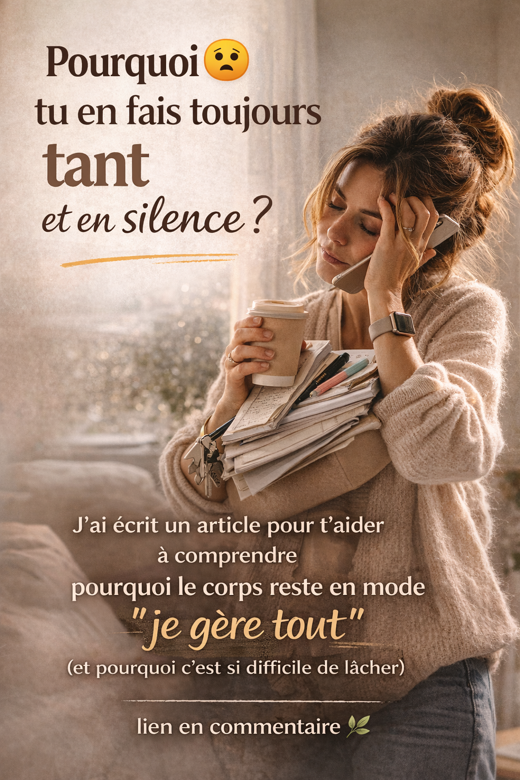 Femme fatiguée charge mentale tenant café et téléphone illustration système nerveux suractivité gestion stress RéminiSCence