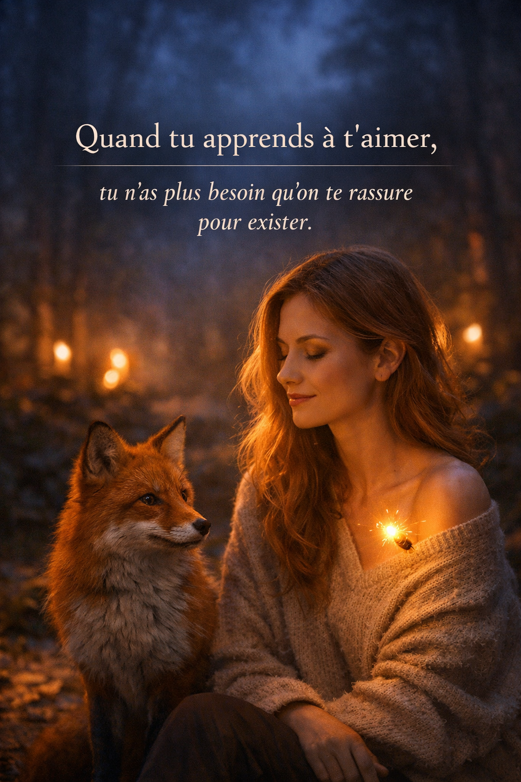 Visuel illustrant le besoin d’être rassurée comme une recherche de sécurité intérieure, avec une femme apaisée, un renard et une lumière symbolisant la régulation du système nerveux et le lien à soi.