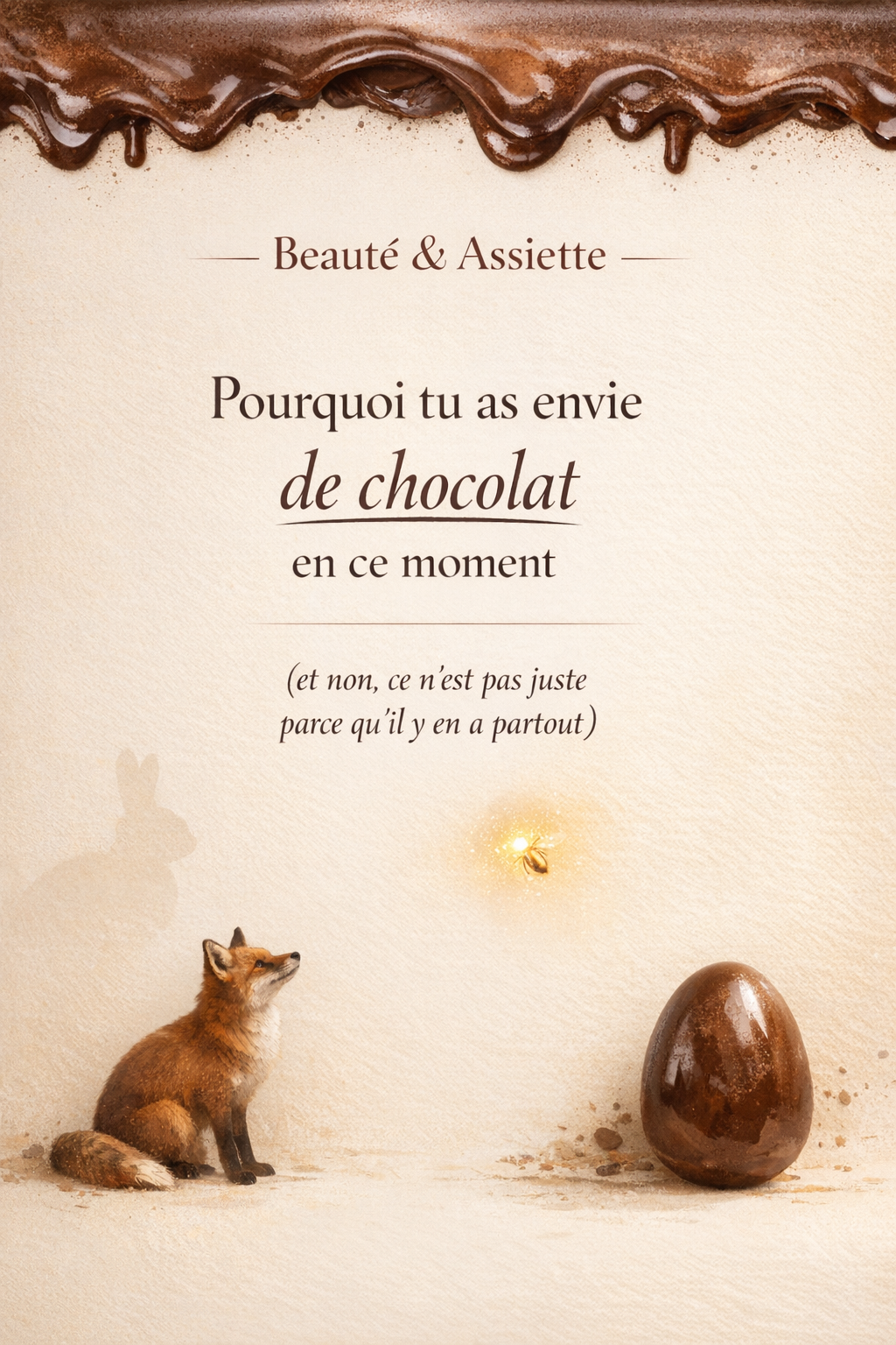 Envie de chocolat à Pâques expliquée par le système nerveux, la glycémie et la recherche de réconfort du corps – visuel RéminiSCence avec renard et œuf en chocolat