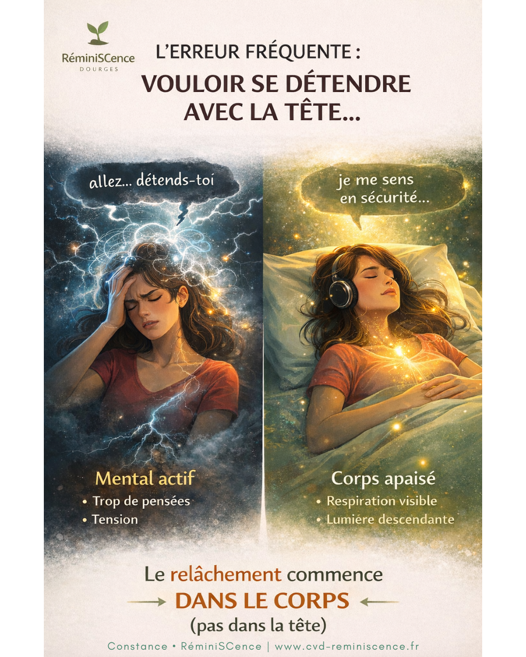 Illustration montrant la différence entre mental actif et corps apaisé avec sensation de sécurité dans le système nerveux – RéminiSCence Dourges