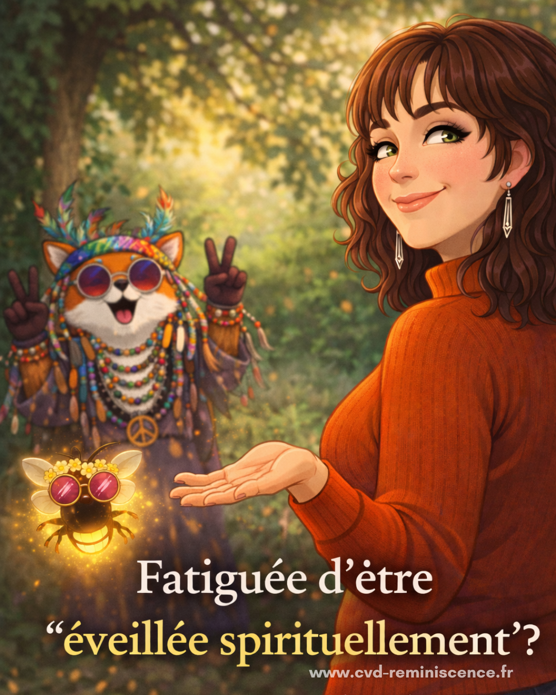 Fatiguée d’être “éveillée spirituellement” ? Et si c’était votre système nerveux Femme apaisée avec illustration symbolique renard et luciole représentant le lien entre éveil spirituel et régulation du système nerveux, fatigue émotionnelle et retour au corps – RéminiSCence Dourges