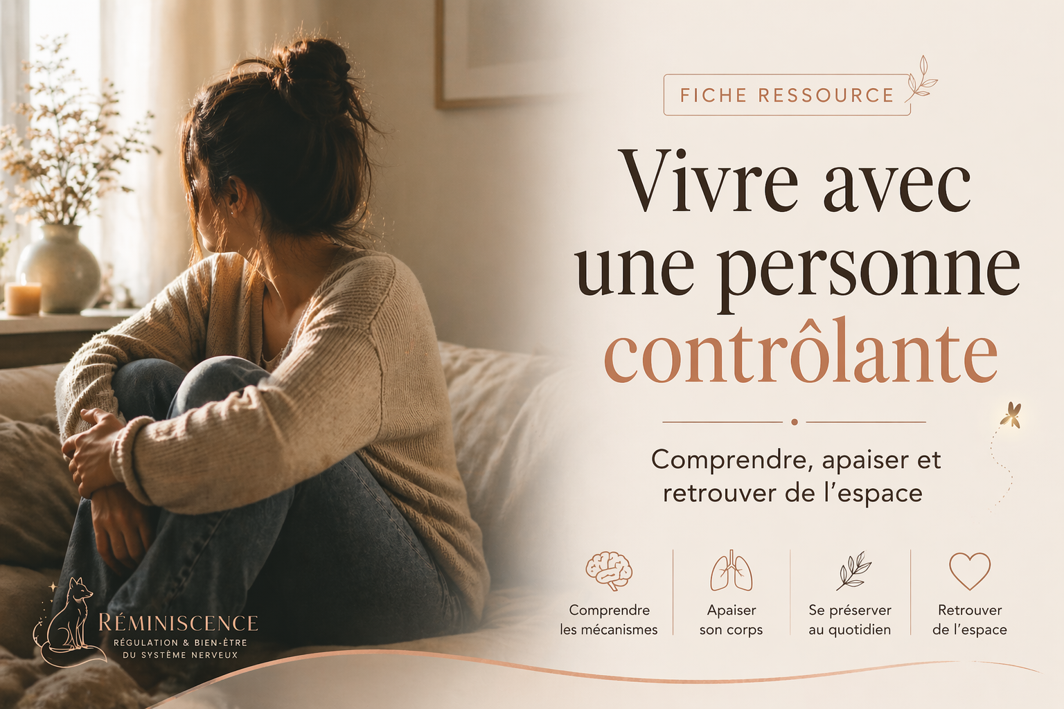 Fiche ressource RéminiSCence sur le fait de vivre avec une personne contrôlante, avec femme assise dans un intérieur calme et texte sur fond crème.