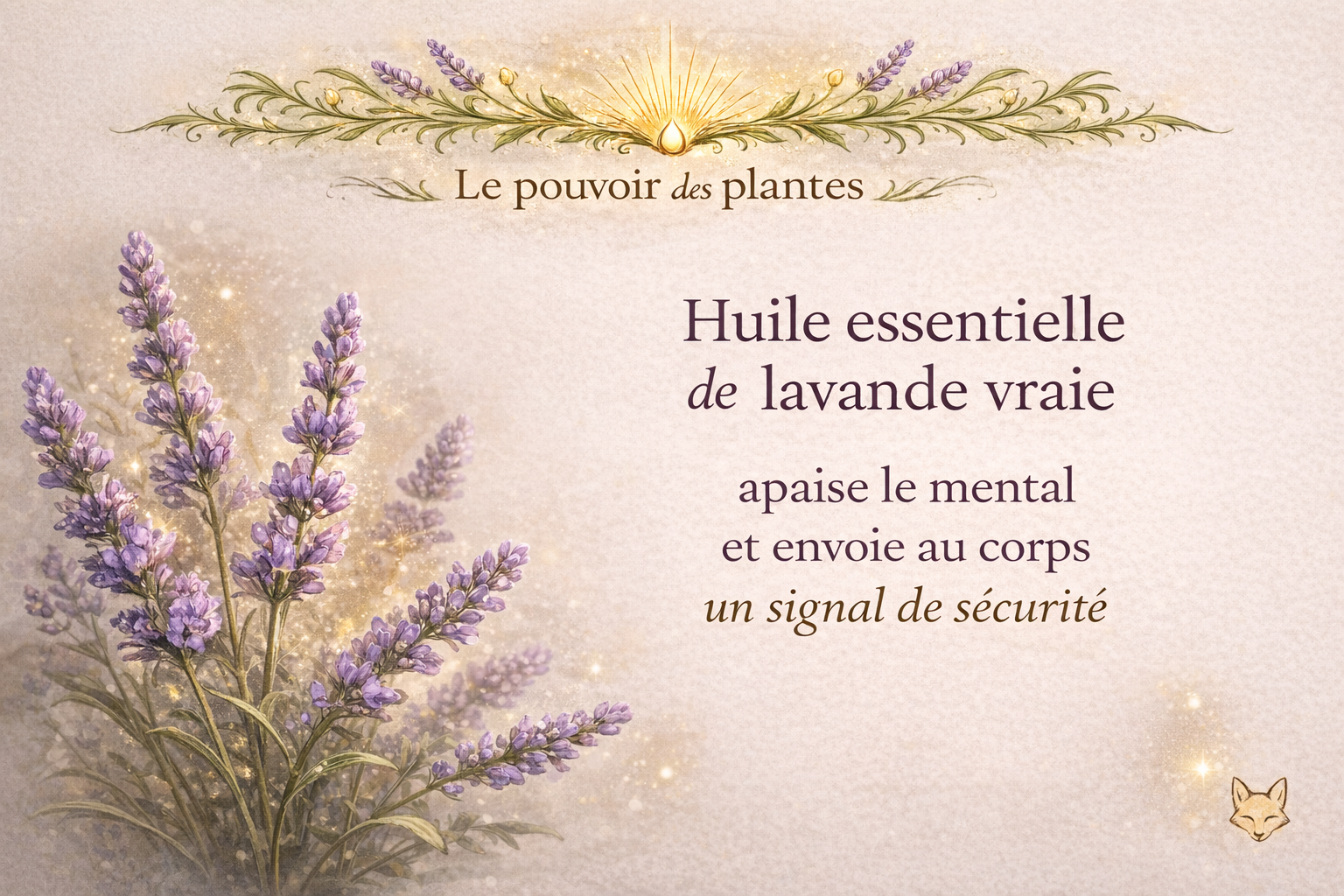 Illustration douce de fleurs de lavande avec texte sur ses effets apaisants sur le mental et le corps, dans une ambiance sensorielle et lumineuse RéminiSCence