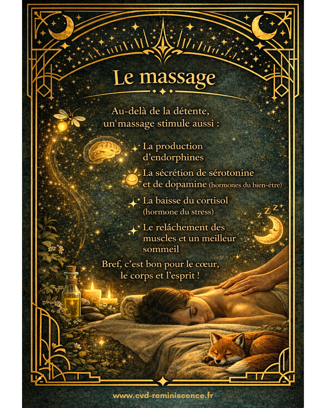 Massage : ses effets réels sur le cerveau et le système nerveux Illustration d’un massage relaxant montrant les effets sur le système nerveux avec production d’endorphines, sérotonine, dopamine et baisse du cortisol – RéminiSCence Dourges