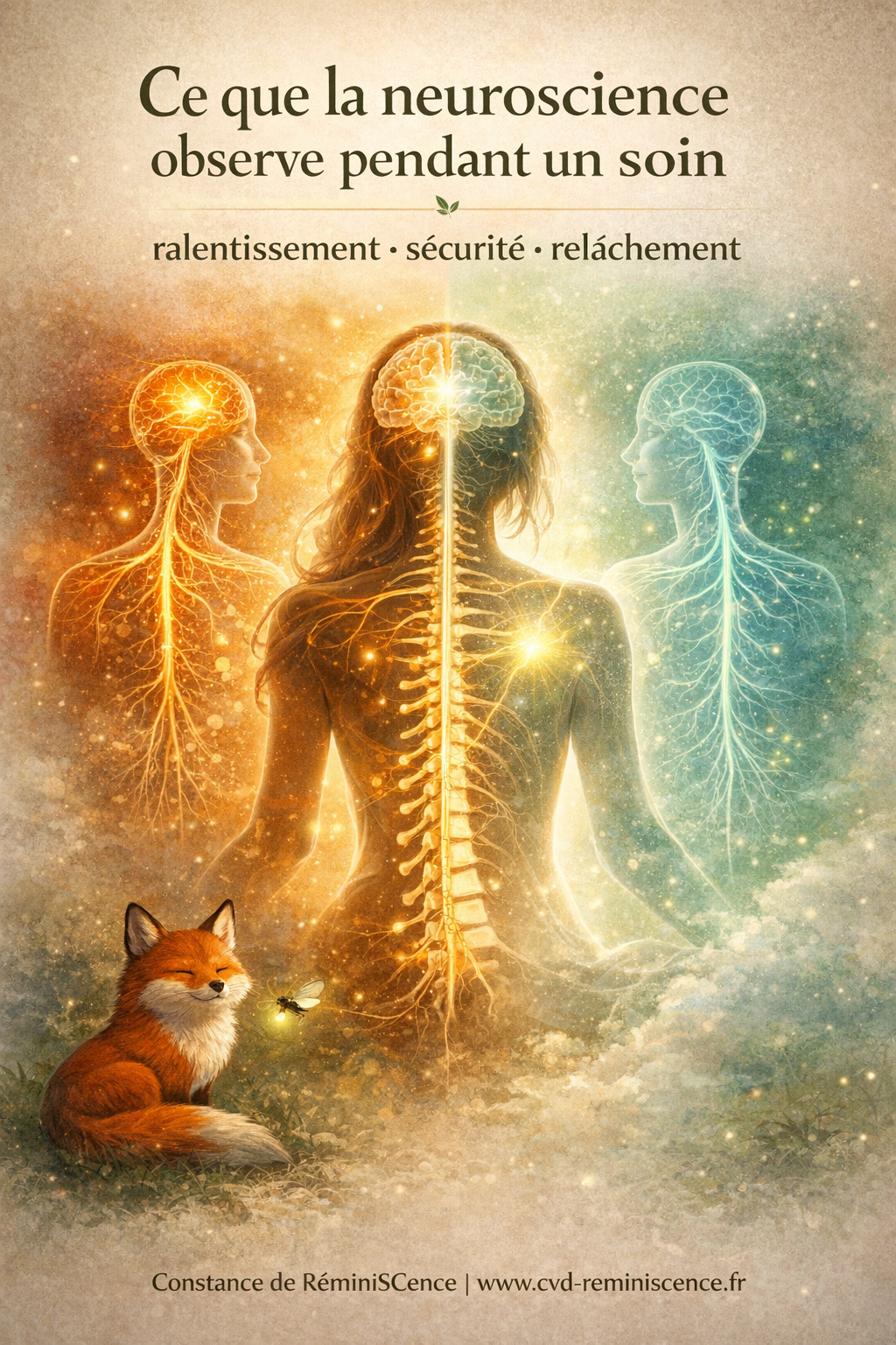 Ce que la neuroscience observe pendant un soin énergétique (explication du système nerveux) Illustration du système nerveux montrant le passage du stress à la détente pendant un soin énergétique, avec visualisation du cerveau et des nerfs – RéminiSCence Dourges