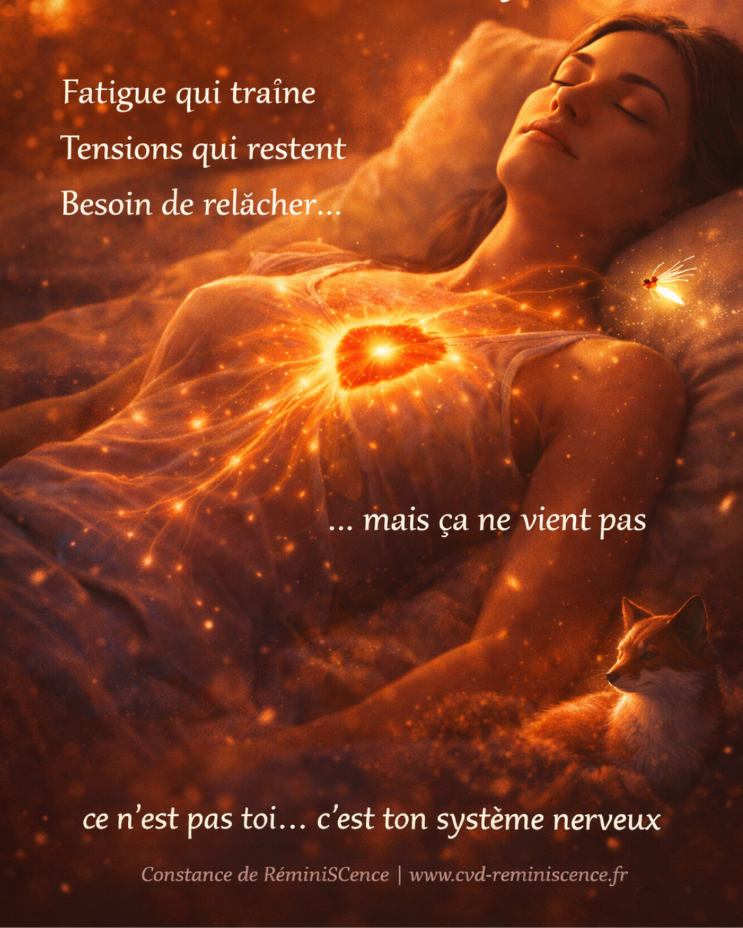 Pourquoi votre corps ne se détend pas… (et comment il se relâche enfin) Femme allongée en détente avec zones lumineuses dans le corps illustrant le relâchement du système nerveux pendant un soin – RéminiSCence Dourges