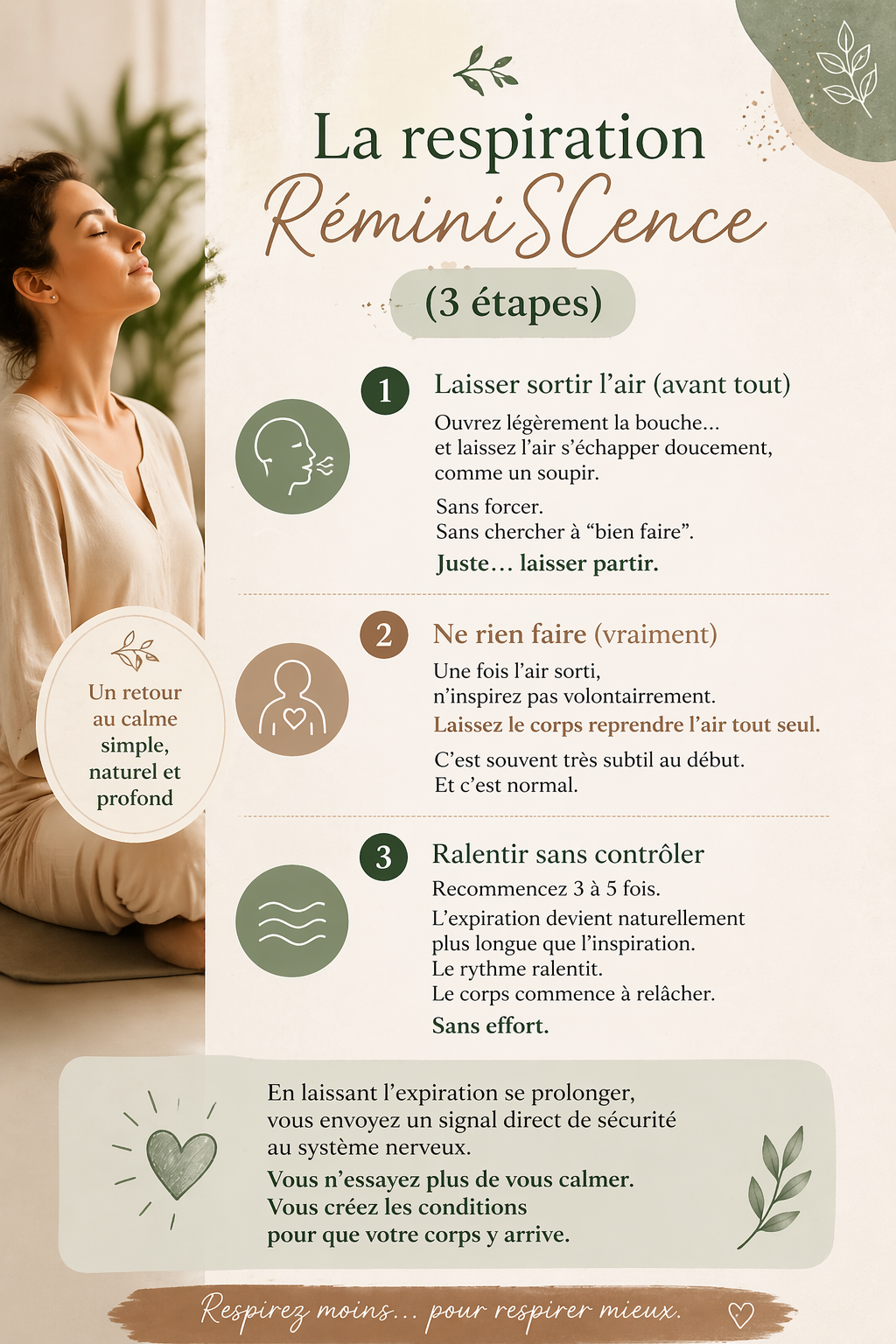 Infographie respiration RéminiSCence en 3 étapes pour apaiser le système nerveux, basée sur l’expiration et le relâchement du corps sans contrôle