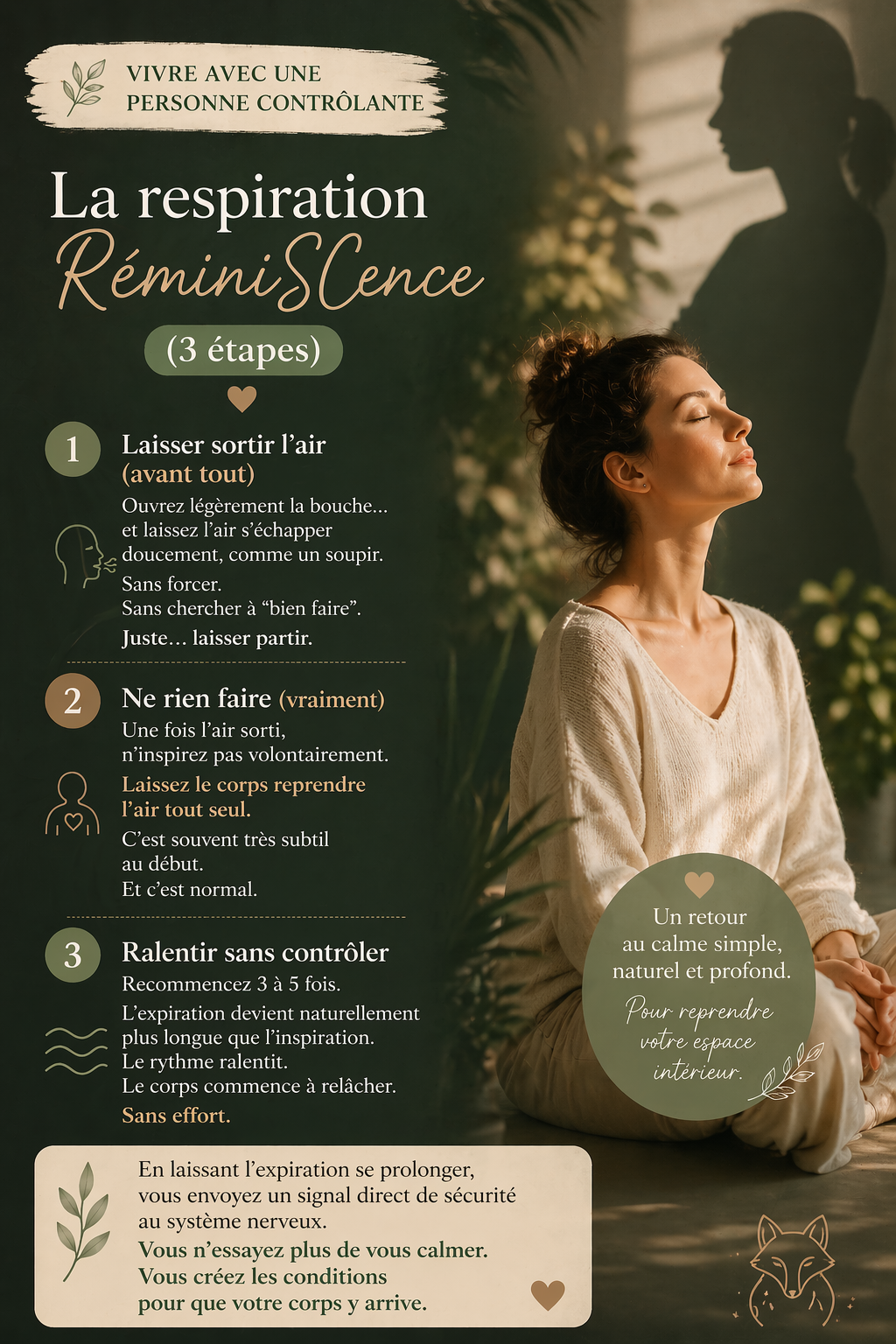 Exercice de respiration RéminiSCence en 3 étapes basé sur l’expiration pour apaiser le système nerveux et réduire le stress en cas d’hypervigilance ou de contrôle