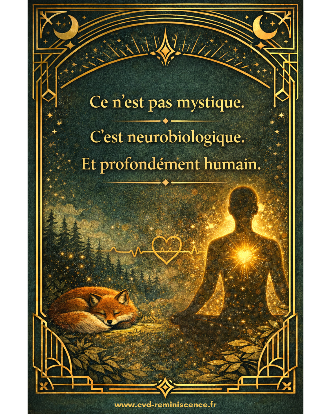 Soin énergétique : une réponse neurobiologique du corps Illustration d’un corps apaisé en méditation avec lumière au niveau du cœur représentant la régulation du système nerveux et les effets neurobiologiques d’un soin énergétique – RéminiSCence Dourges