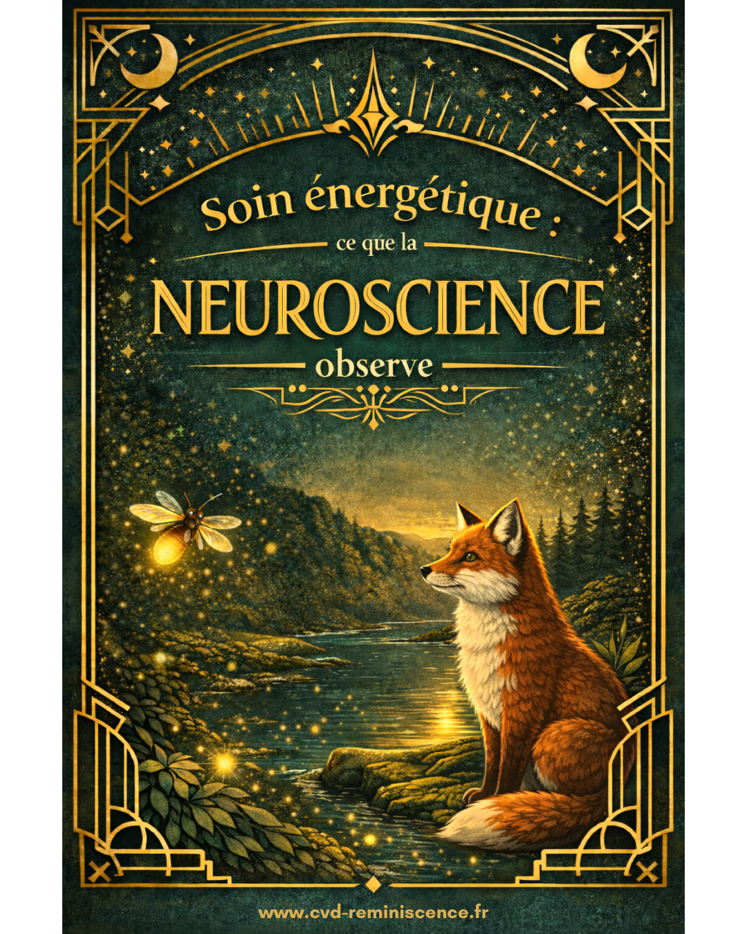 Soin énergétique : ce que les neurosciences observent dans le corps Illustration d’un renard et d’une luciole dans un paysage naturel symbolisant la régulation du système nerveux et les effets des soins énergétiques expliqués par les neurosciences – RéminiSCence Dourges