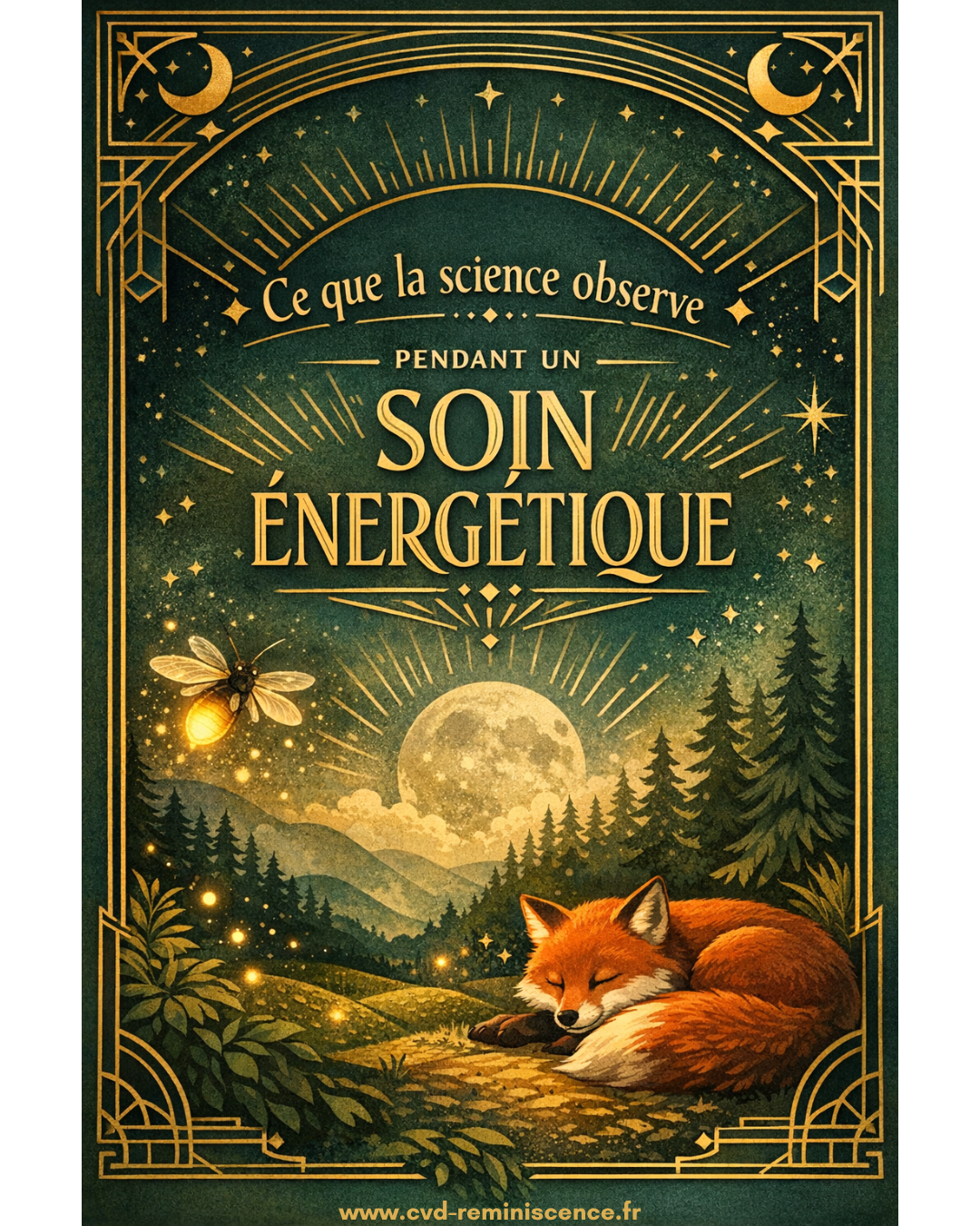 Soin énergétique : ce que la science observe dans le corps Illustration d’un soin énergétique expliqué par les neurosciences avec renard apaisé et luciole symbolisant la régulation du système nerveux – RéminiSCence Dourges