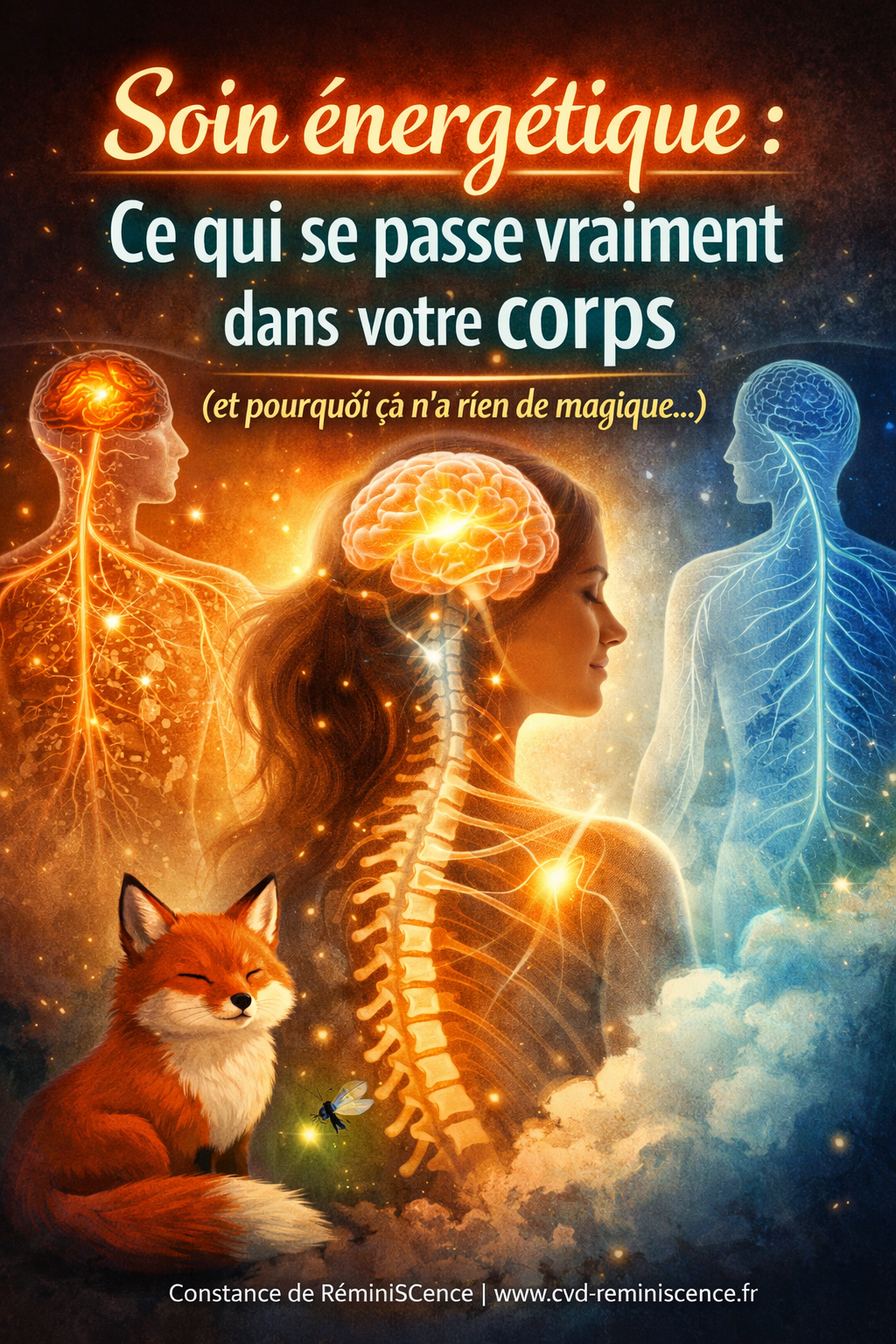 Soin énergétique : ce qui se passe vraiment dans votre corps (explication scientifique) Soin énergétique expliqué par la neuroscience : illustration du système nerveux montrant le passage du stress à la détente avec visualisation du cerveau et des nerfs – RéminiSCence Dourges