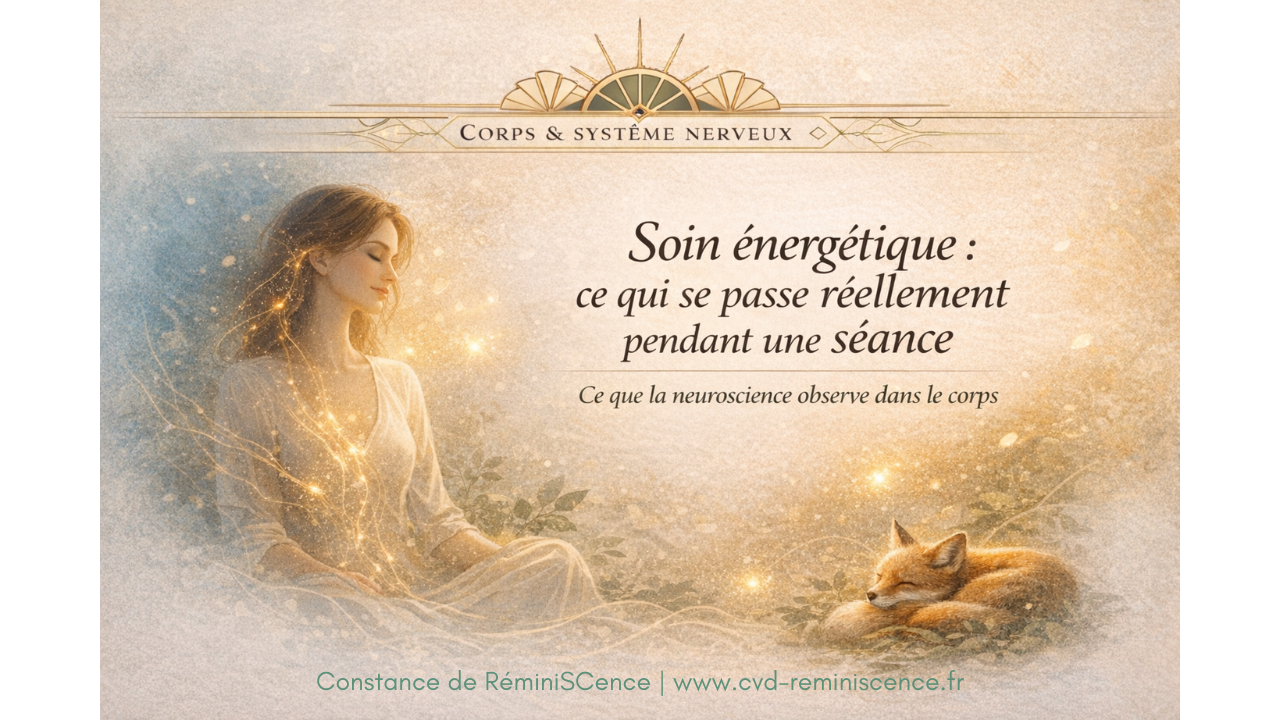 Soin énergétique et système nerveux : illustration d’une personne apaisée avec tracé lumineux du corps symbolisant la régulation du système nerveux