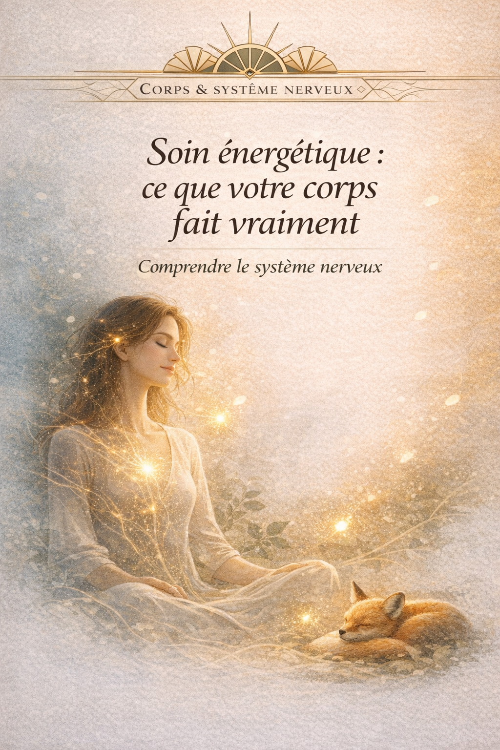 Soin énergétique : ce que votre corps vit réellement pendant une séance Soin énergétique et système nerveux : illustration d’une personne apaisée avec tracé lumineux du corps symbolisant la régulation du système nerveux