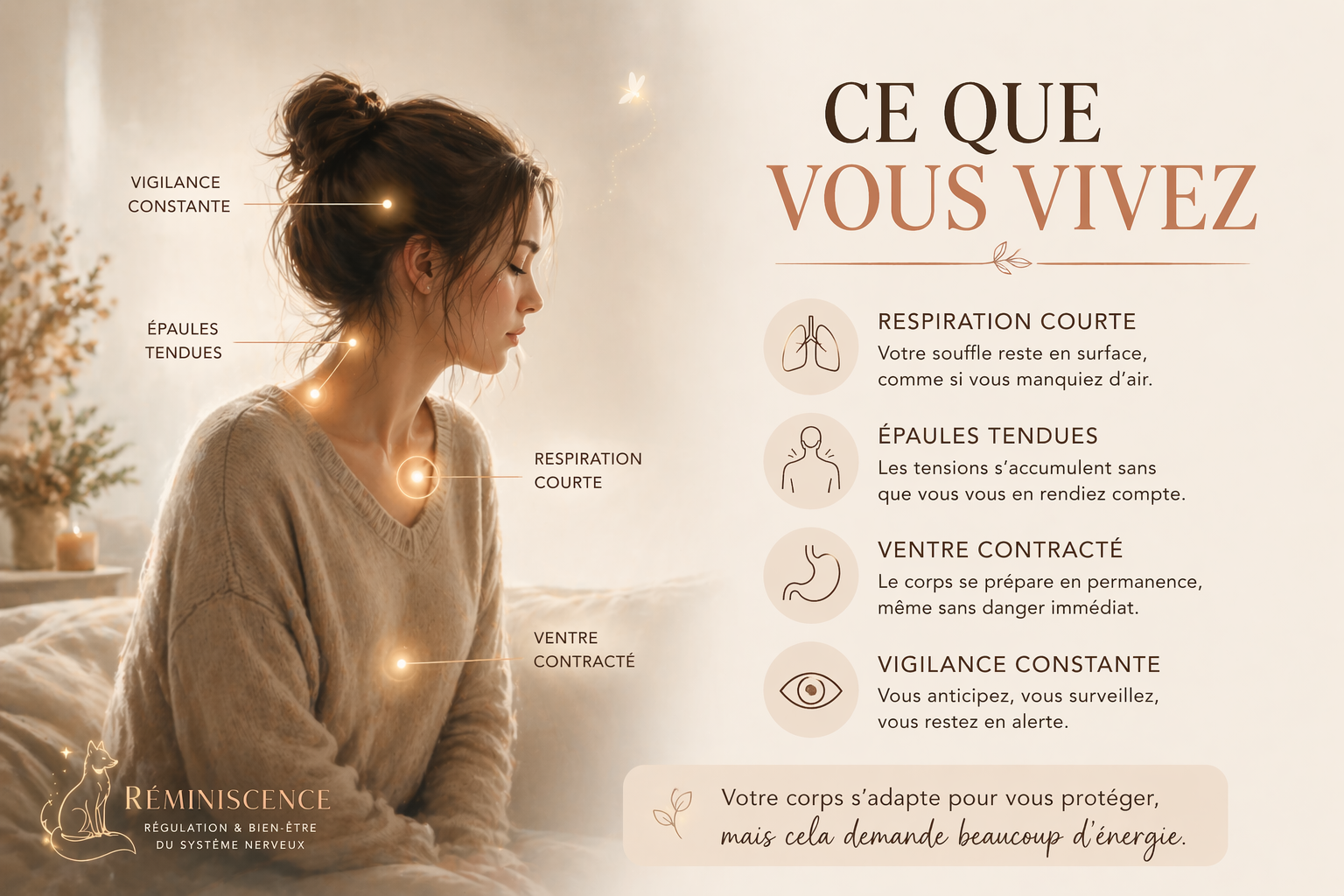 Ce que votre corps vit face à une personne contrôlante Illustration des symptômes corporels liés à une personne contrôlante : respiration courte, épaules tendues, ventre contracté et vigilance constante