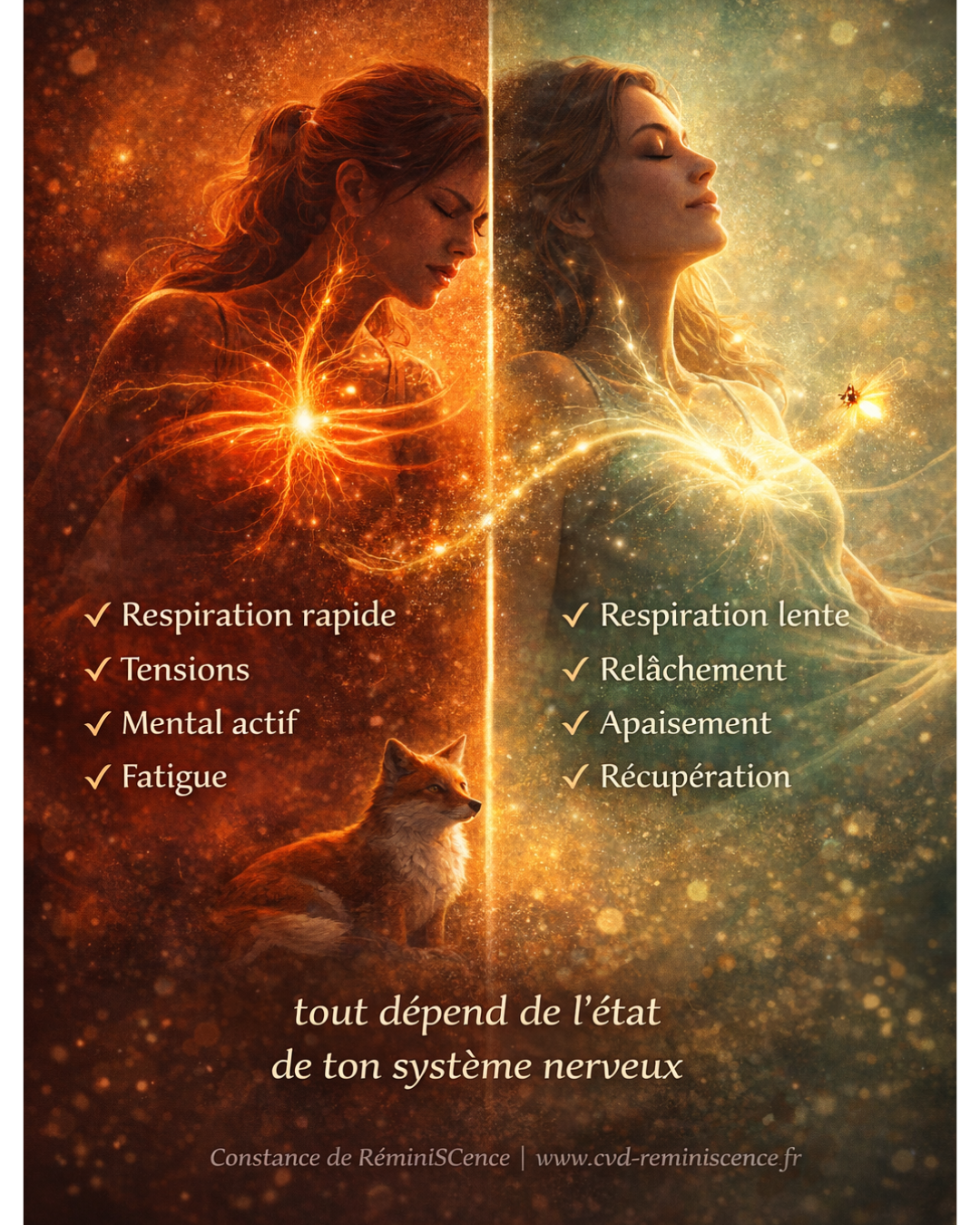 Comparaison du corps en état de stress et de détente avec respiration et système nerveux illustrés – RéminiSCence Dourges