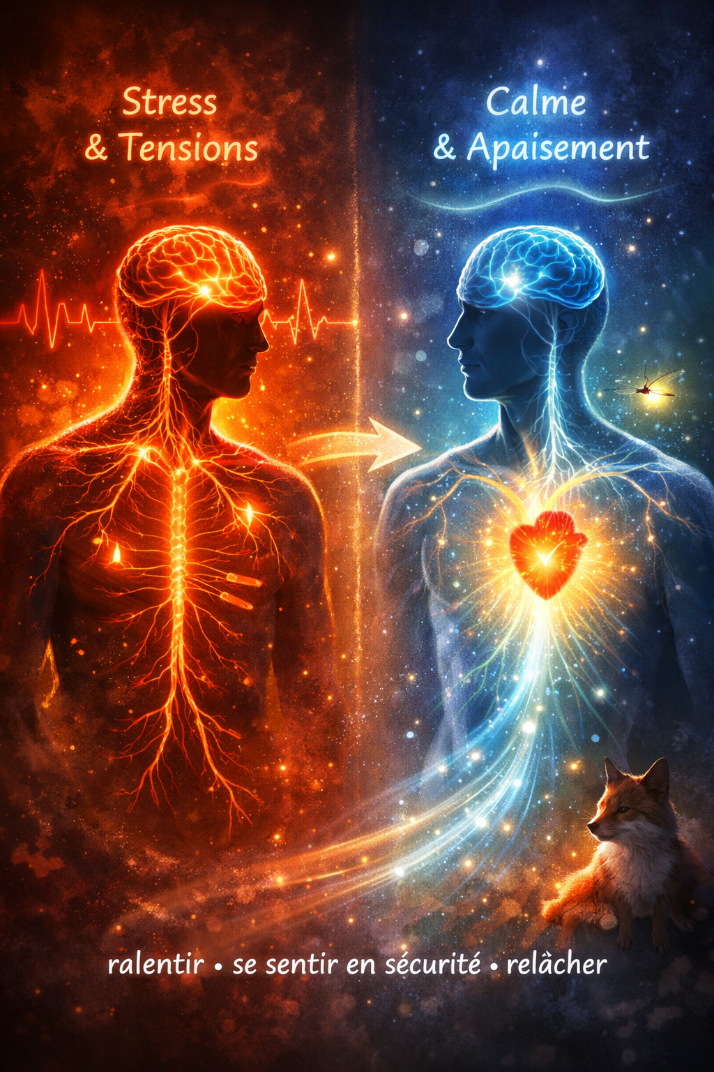 Stress vs détente : ce que le système nerveux change réellement pendant un soin Illustration du système nerveux montrant le passage du stress à la détente avec activation du cœur et du système parasympathique pendant un soin – RéminiSCence Dourges