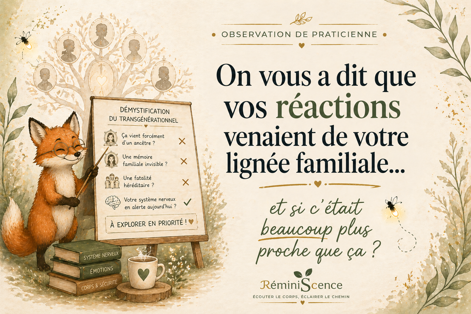 Illustration décryptage du transgénérationnel avec renard pédagogique expliquant que les réactions viennent du système nerveux en alerte plutôt que de la lignée familiale