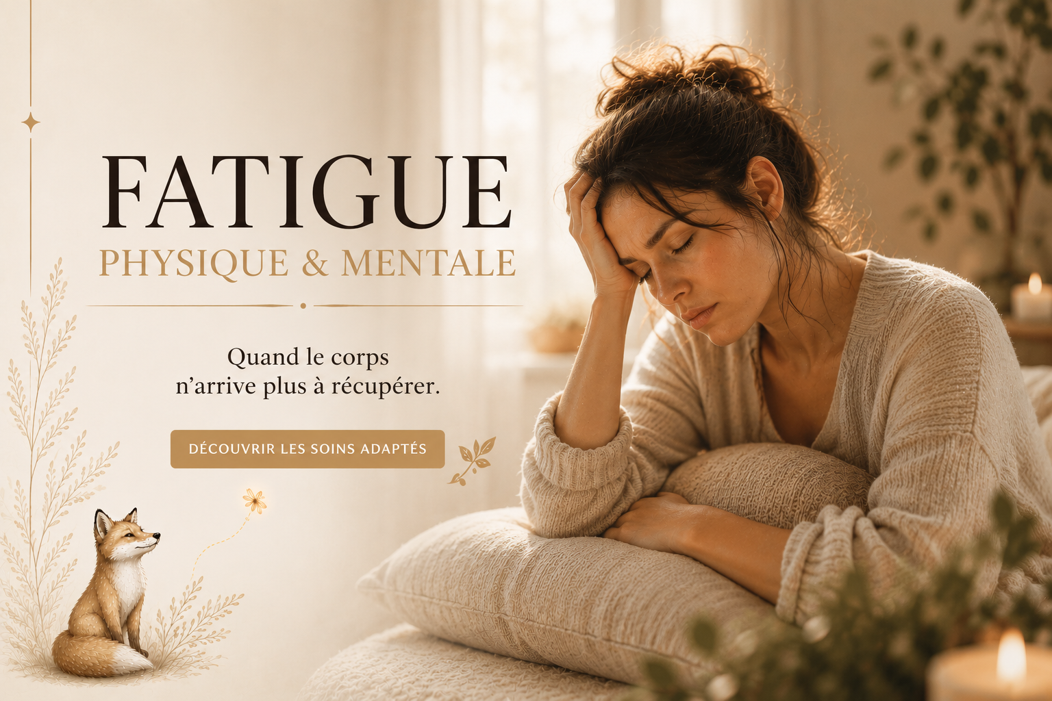 Visuel RéminiSCence représentant une femme épuisée dans une ambiance douce et chaleureuse, illustrant la fatigue physique et mentale, le manque de récupération et la surcharge du corps.