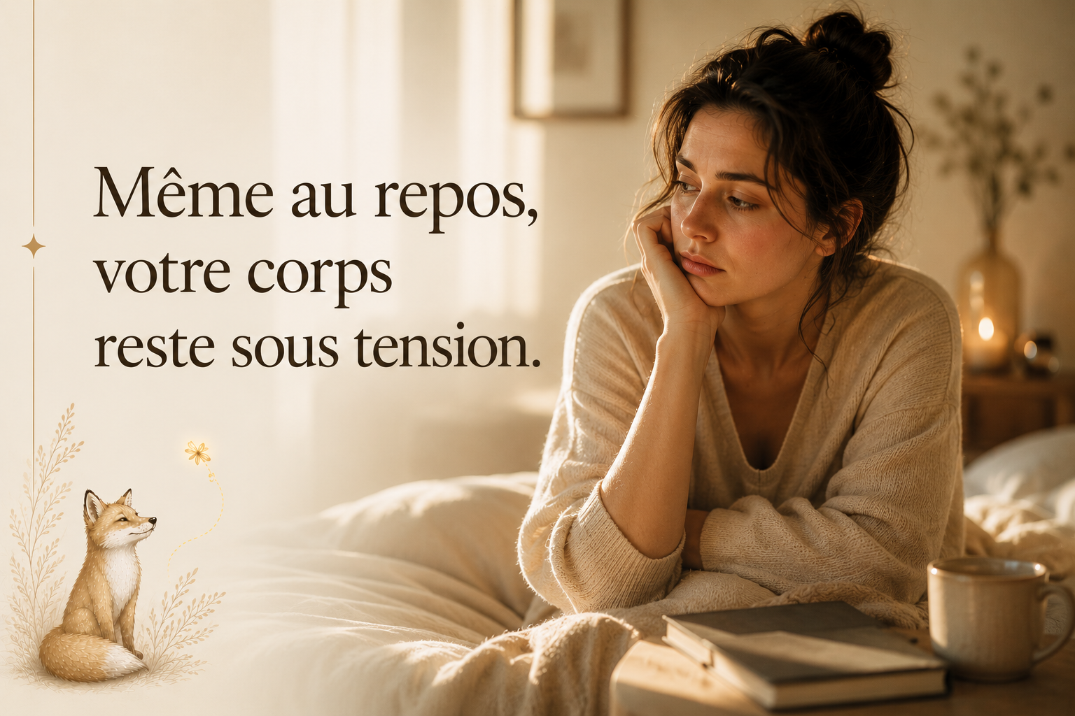 Même au repos, votre corps reste sous tension | Fatigue nerveuse & surcharge mentale Visuel RéminiSCence montrant une femme fatiguée et préoccupée dans une ambiance douce et tamisée, illustrant la tension intérieure persistante malgré le repos et la fatigue du système nerveux.