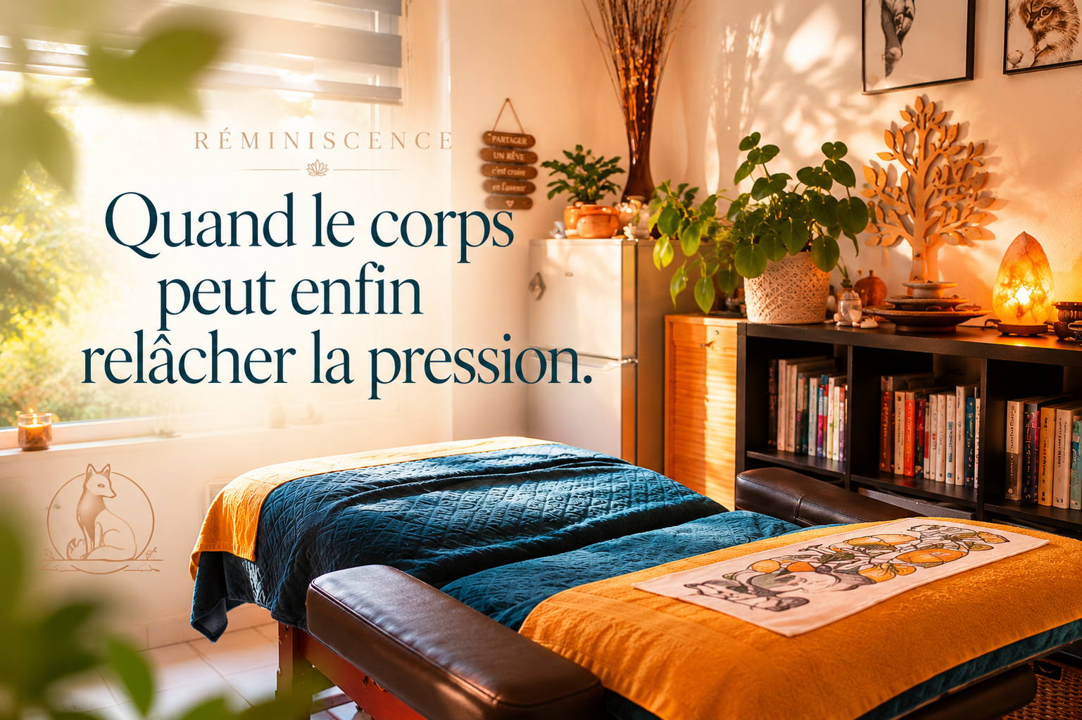 Quand le corps peut enfin relâcher la pression | Massage & régulation du système nerveux Photo chaleureuse du cabinet RéminiSCence avec table de massage, lumière douce et plantes, accompagnée du texte “Quand le corps peut enfin relâcher la pression”, illustrant un espace d’apaisement et de récupération du système nerveux.