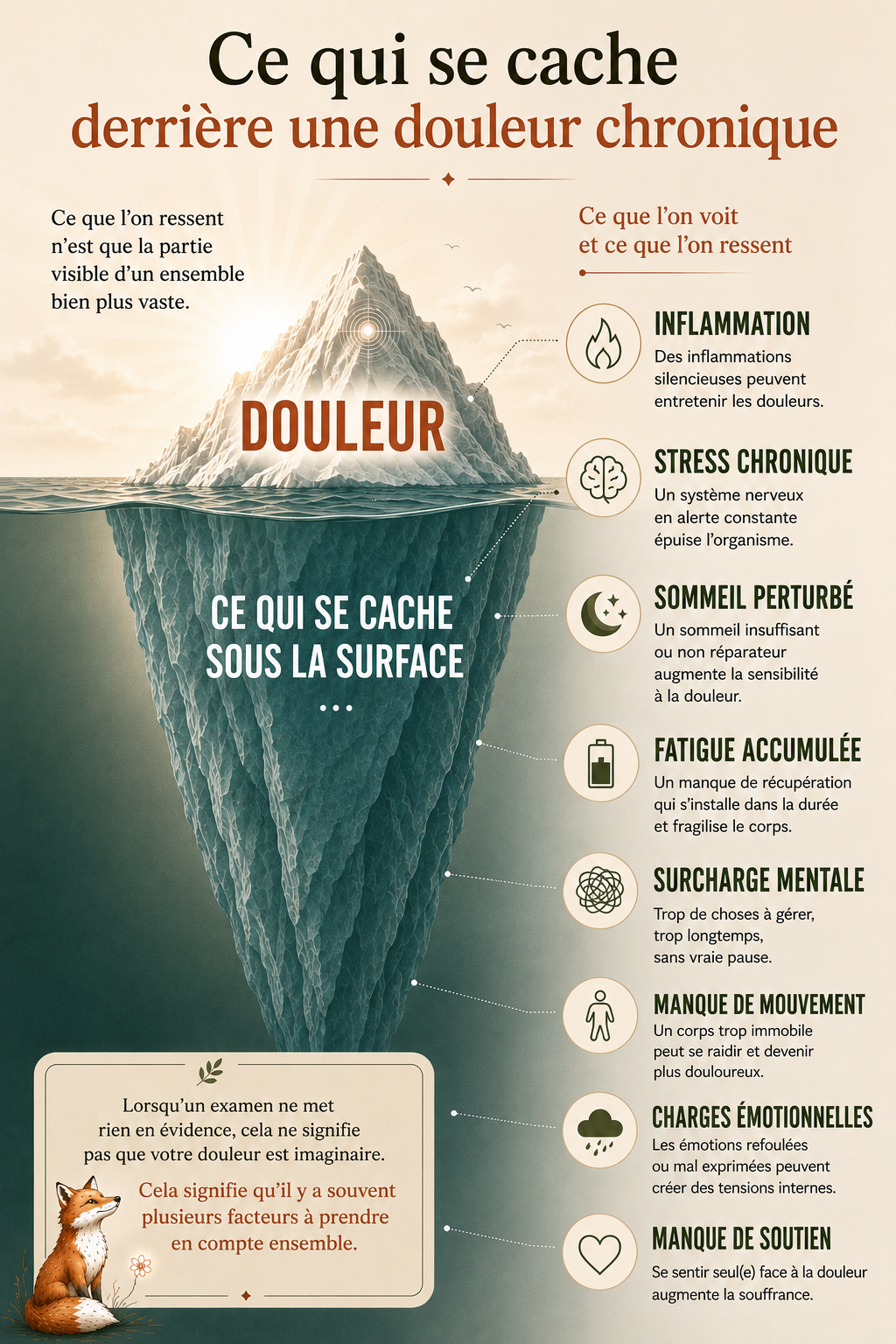Douleur chronique : ce qui se cache souvent sous la surface Infographie RéminiSCence représentant un iceberg illustrant les multiples facteurs pouvant contribuer à une douleur chronique : inflammation, stress chronique, sommeil perturbé, fatigue accumulée, surcharge mentale, manque de mouvement, charges émotionnelles et manque de soutien. La douleur visible n’est montrée que comme la partie émergée de l’iceberg.
