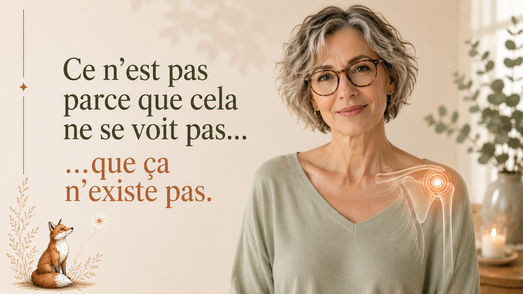 Douleurs invisibles : ce n’est pas parce que cela ne se voit pas que ça n’existe pas Visuel RéminiSCence montrant une femme souriante avec une zone lumineuse au niveau de l’épaule illustrant une douleur invisible. Le texte rappelle que certaines douleurs chroniques et tensions corporelles existent même lorsqu’elles ne sont pas visibles de l’extérieur.
