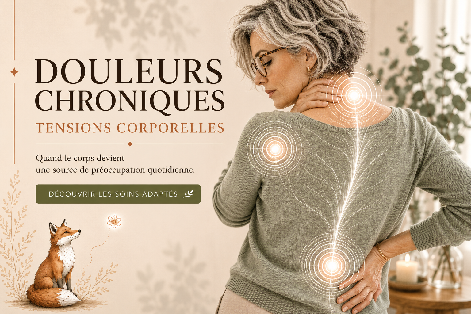 Visuel RéminiSCence représentant une femme souffrant de tensions corporelles avec des zones lumineuses au niveau du cou, du dos et des lombaires. Illustration de douleurs chroniques, tensions musculaires et inconfort physique au quotidien.