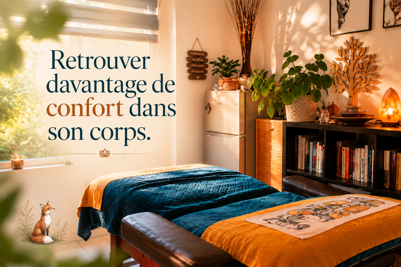 Retrouver davantage de confort dans son corps | Massages et bien-être à Dourges Cabinet RéminiSCence baigné de lumière avec table de massage, plantes et ambiance chaleureuse. Le texte évoque le confort corporel, le relâchement des tensions et le bien-être retrouvé grâce aux soins et massages.