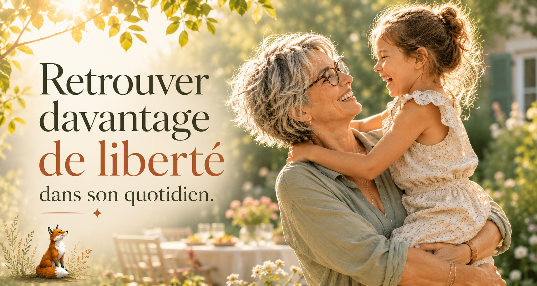 Douleurs chroniques : retrouver plus de liberté dans sa vie quotidienne Visuel RéminiSCence montrant une femme aux cheveux gris souriante portant une petite fille dans ses bras dans un jardin baigné de lumière. Le texte évoque la possibilité de retrouver davantage de liberté dans le quotidien malgré les douleurs chroniques ou les tensions corporelles.