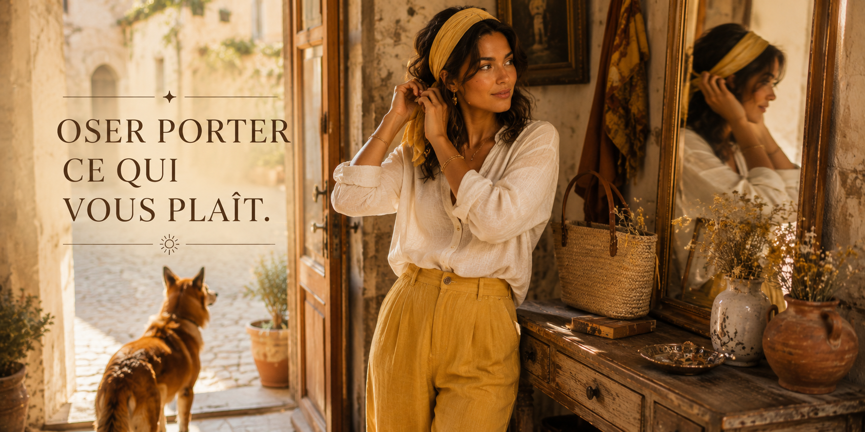 Une femme ajuste un foulard jaune moutarde devant un miroir dans une pièce baignée de lumière. Un renard l'attend près de la porte ouverte. Le texte « Oser porter ce qui vous plaît. » évoque la confiance retrouvée et le plaisir d'exprimer sa personnalité après un soin visage RéminiSCence.