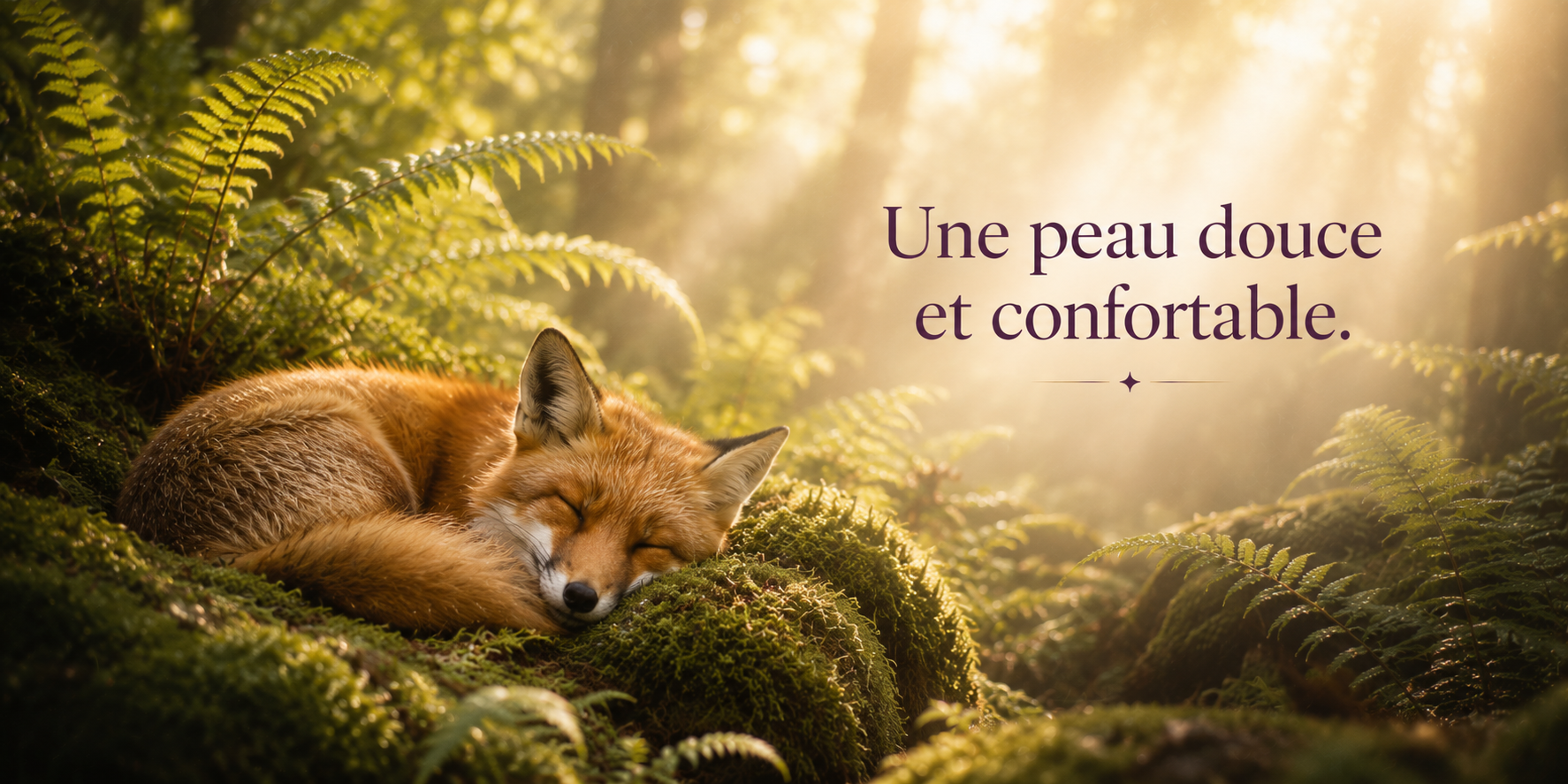 Un renard dort paisiblement sur un tapis de mousse dans une forêt baignée de lumière. Le texte « Une peau douce et confortable. » évoque le confort retrouvé après un soin visage RéminiSCence.