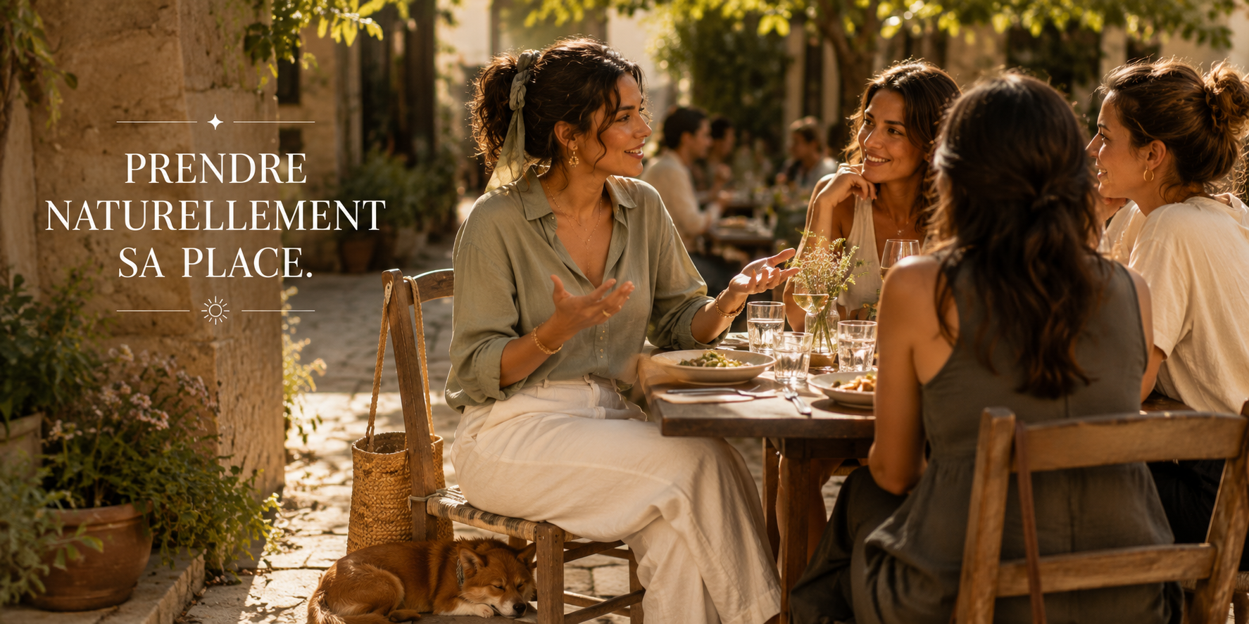 Une femme échange avec trois amies autour d'un repas en terrasse. Le texte « Prendre naturellement sa place. » illustre la confiance retrouvée et l'aisance relationnelle après le soin visage Bellissima de RéminiSCence.