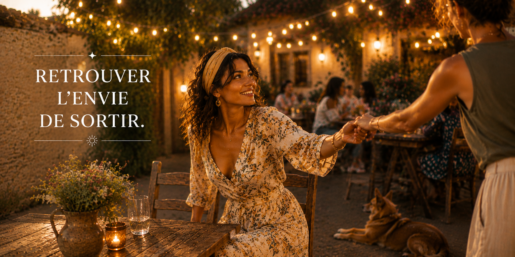 Une femme souriante tend la main à une amie lors d'une soirée conviviale en extérieur. Le texte « Retrouver l'envie de sortir. » illustre la confiance retrouvée et le plaisir de partager des moments grâce au soin visage Bellissima de RéminiSCence.