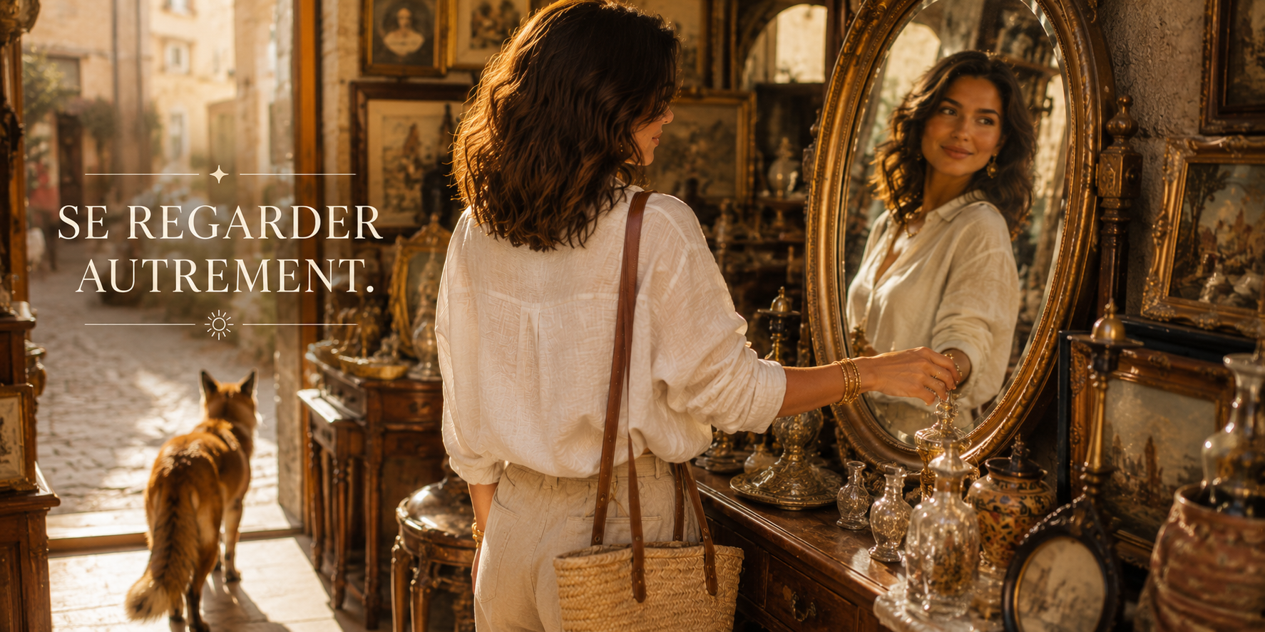 Une femme observe son reflet dans un grand miroir ancien au sein d'une boutique. Le texte « Se regarder autrement. » évoque une relation plus douce avec son image grâce aux soins visage RéminiSCence.