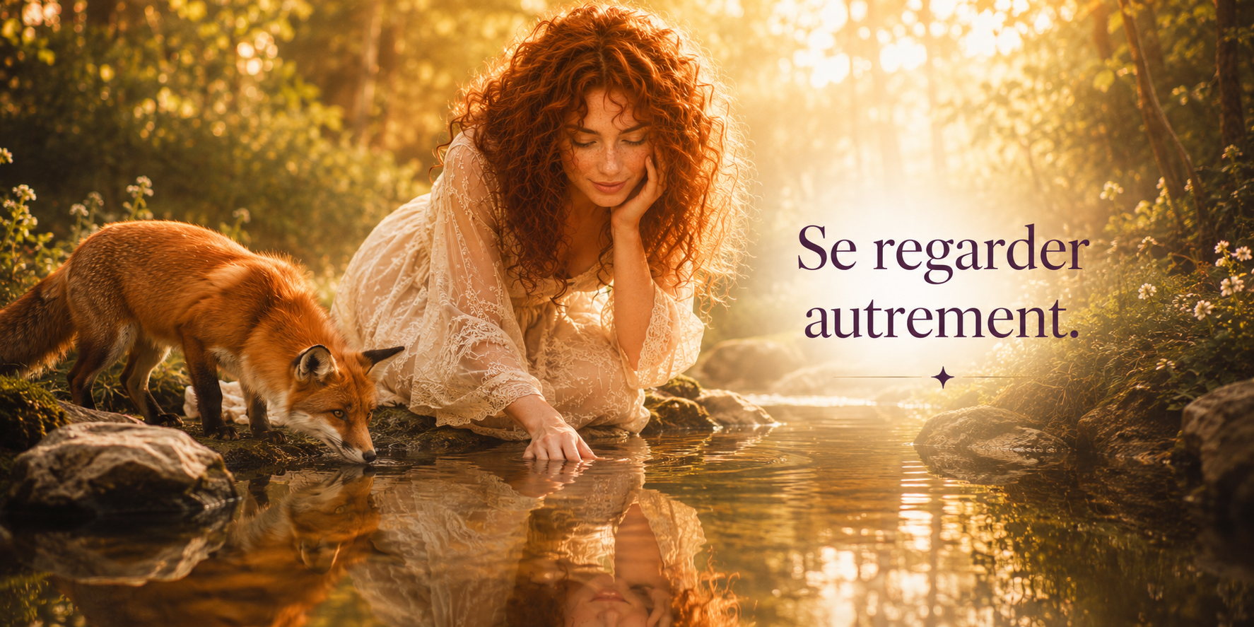 Une femme rousse contemple son reflet dans une rivière au cœur d'une forêt lumineuse, accompagnée d'un renard. Le texte « Se regarder autrement. » évoque la transformation du regard sur soi après un soin visage RéminiSCence.