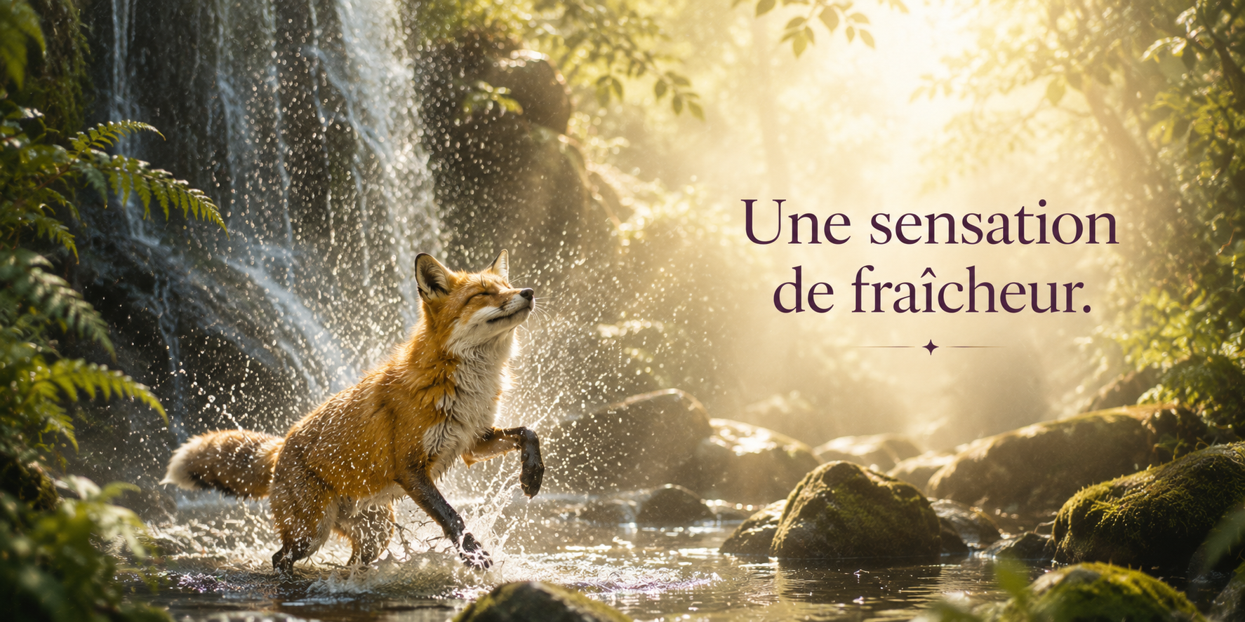 Un renard profite de la fraîcheur d'une cascade au cœur d'une forêt baignée de lumière. Le texte « Une sensation de fraîcheur. » évoque les bienfaits sensoriels d'un soin visage RéminiSCence.