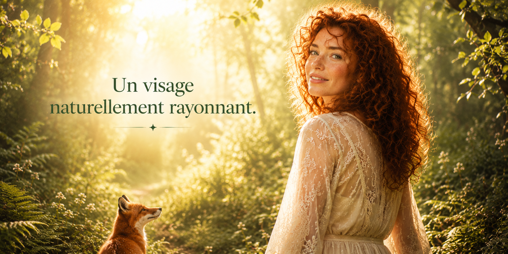 Une femme rousse sourit en se retournant dans une forêt baignée de lumière, accompagnée d'un renard. Le texte « Un visage naturellement rayonnant. » évoque l'éclat retrouvé grâce aux soins visage Scintilla de RéminiSCence.